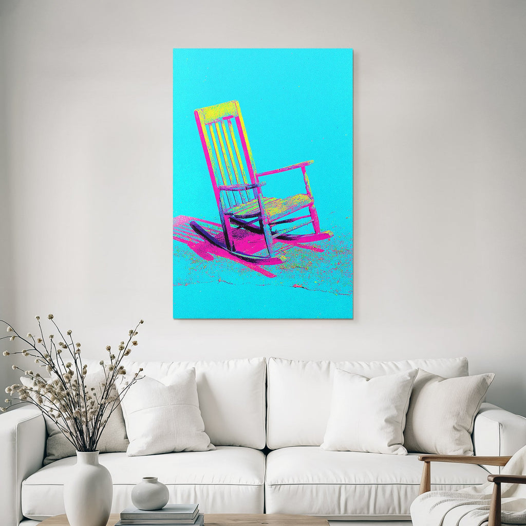 Neon and pop colors colorful rocking chair vibrant blue background pop art stylized