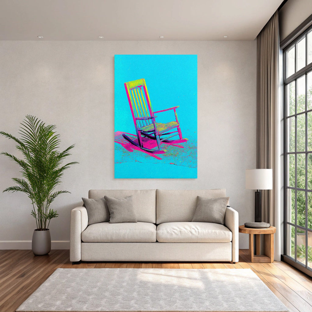 Neon and pop colors colorful rocking chair vibrant blue background pop art stylized