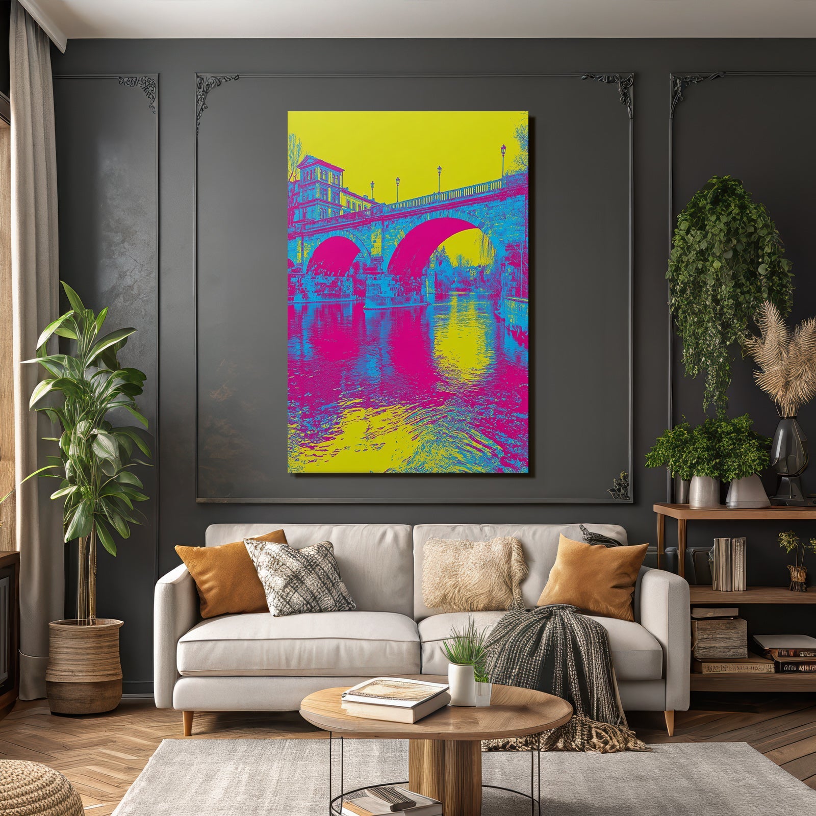 Neon and pop colors Digital art Bridge over water Vibrant colors Surreal design