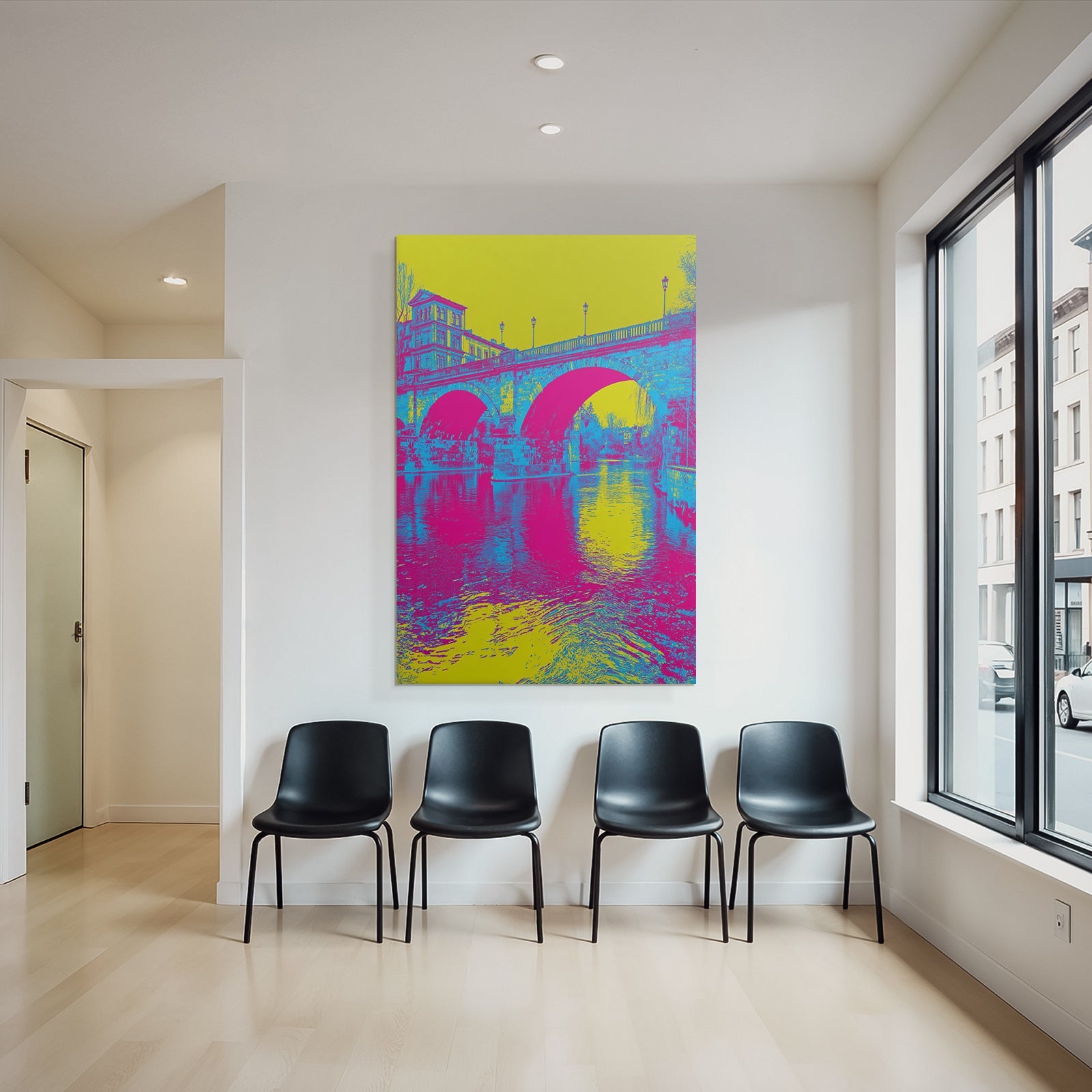 Neon and pop colors Digital art Bridge over water Vibrant colors Surreal design