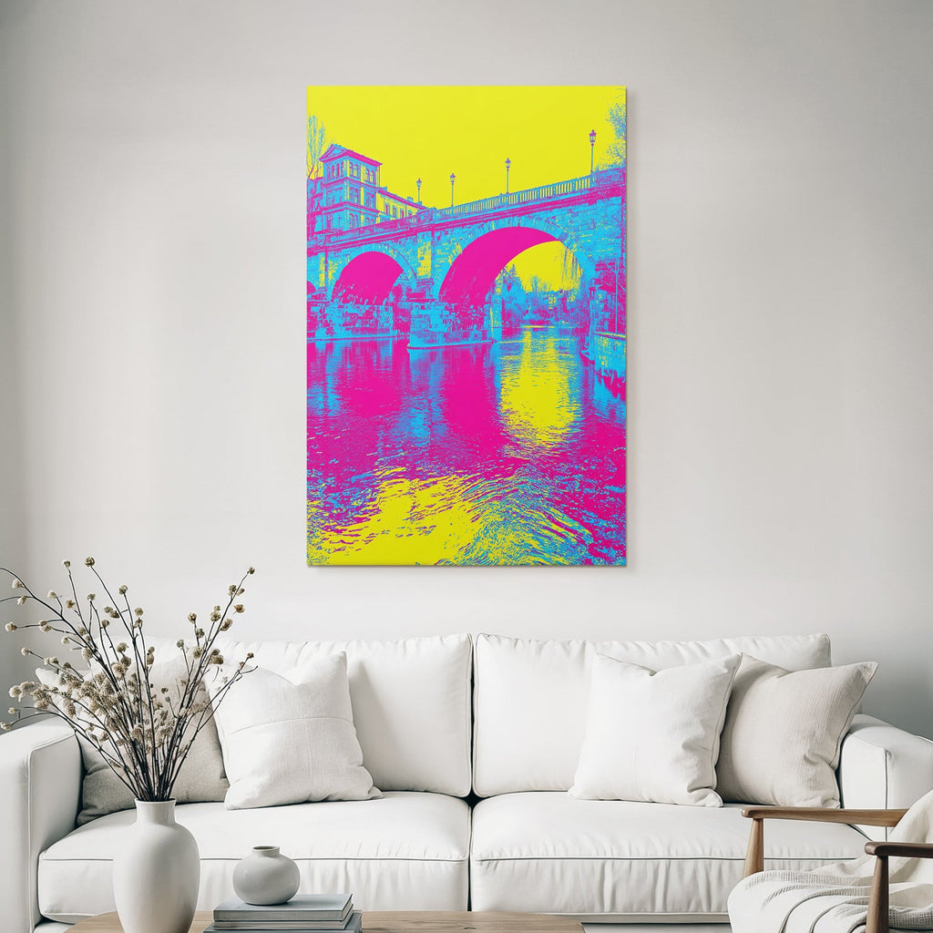 Neon Und Popfarben Digital Art Brücke Über Wasser Vibrante Farben Surreales Design