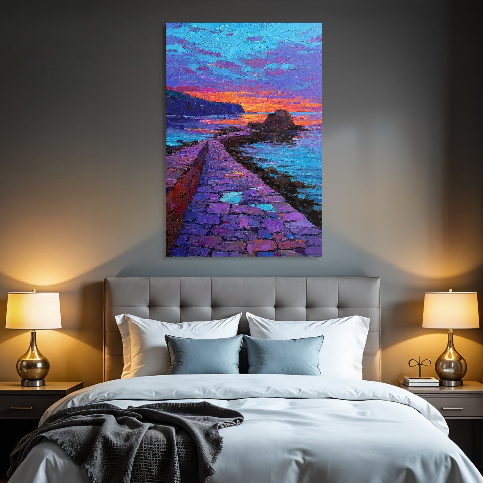 Neon Und Popfarben Küstenszene Impressionistisch Sonnenuntergang Mit Wegen Und Felsen