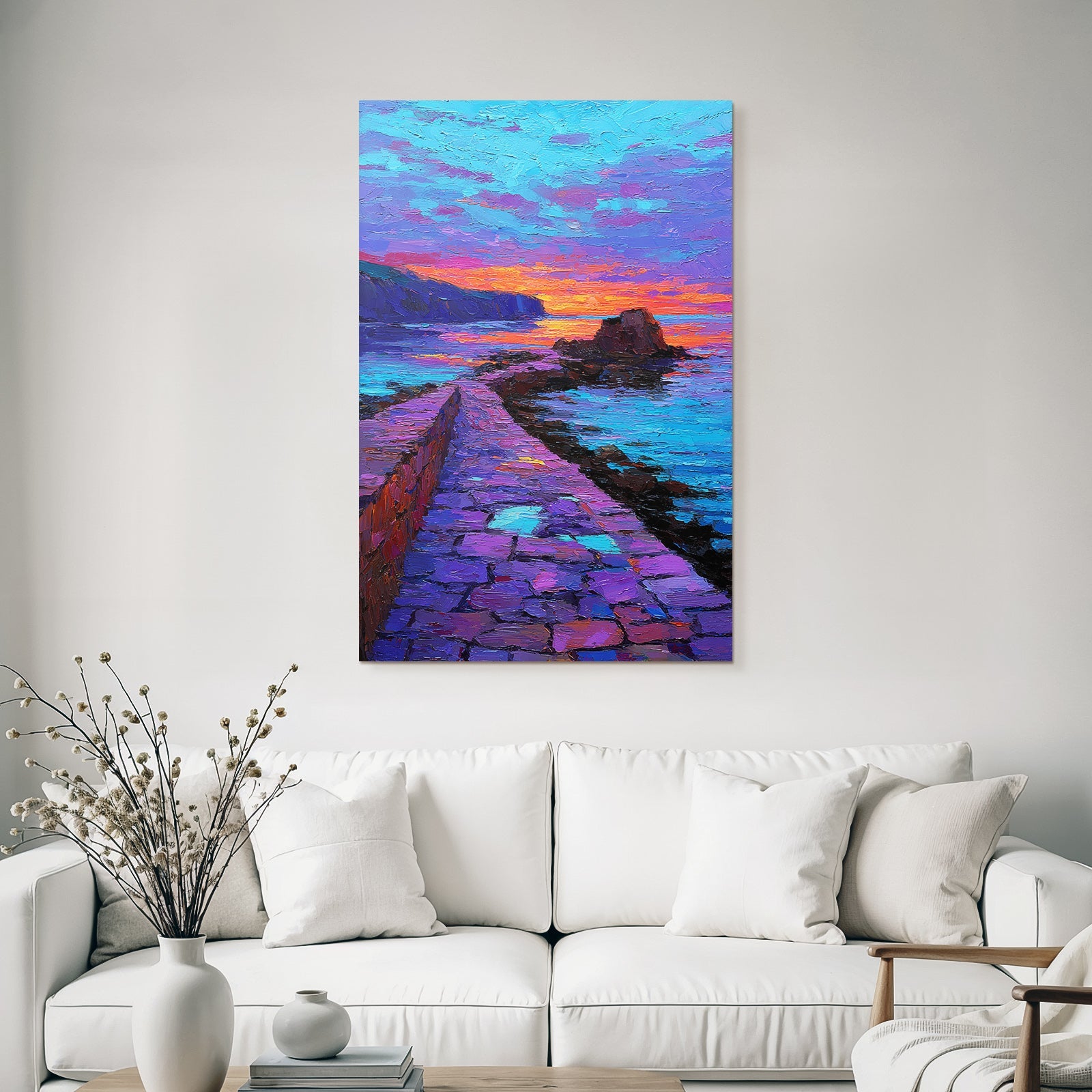 Neon Und Popfarben Küstenszene Impressionistisch Sonnenuntergang Mit Wegen Und Felsen