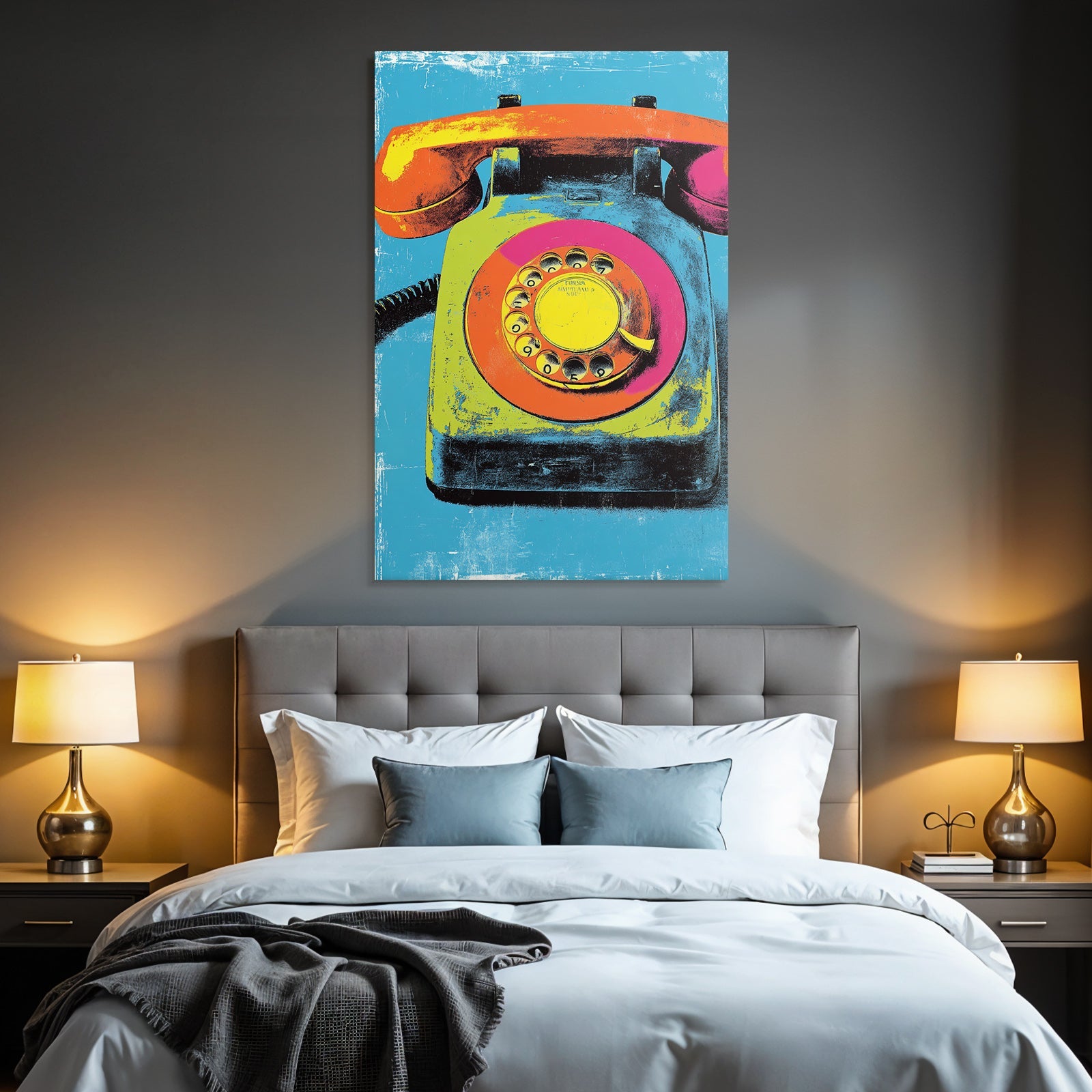 Neon Und Popfarben Rotary Telefon Stilisierte Illustration Vibrante Farben Texturierter Hintergrund