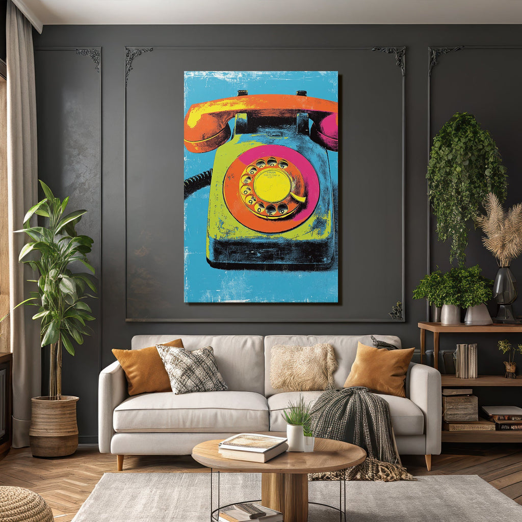Neon Und Popfarben Rotary Telefon Stilisierte Illustration Vibrante Farben Texturierter Hintergrund