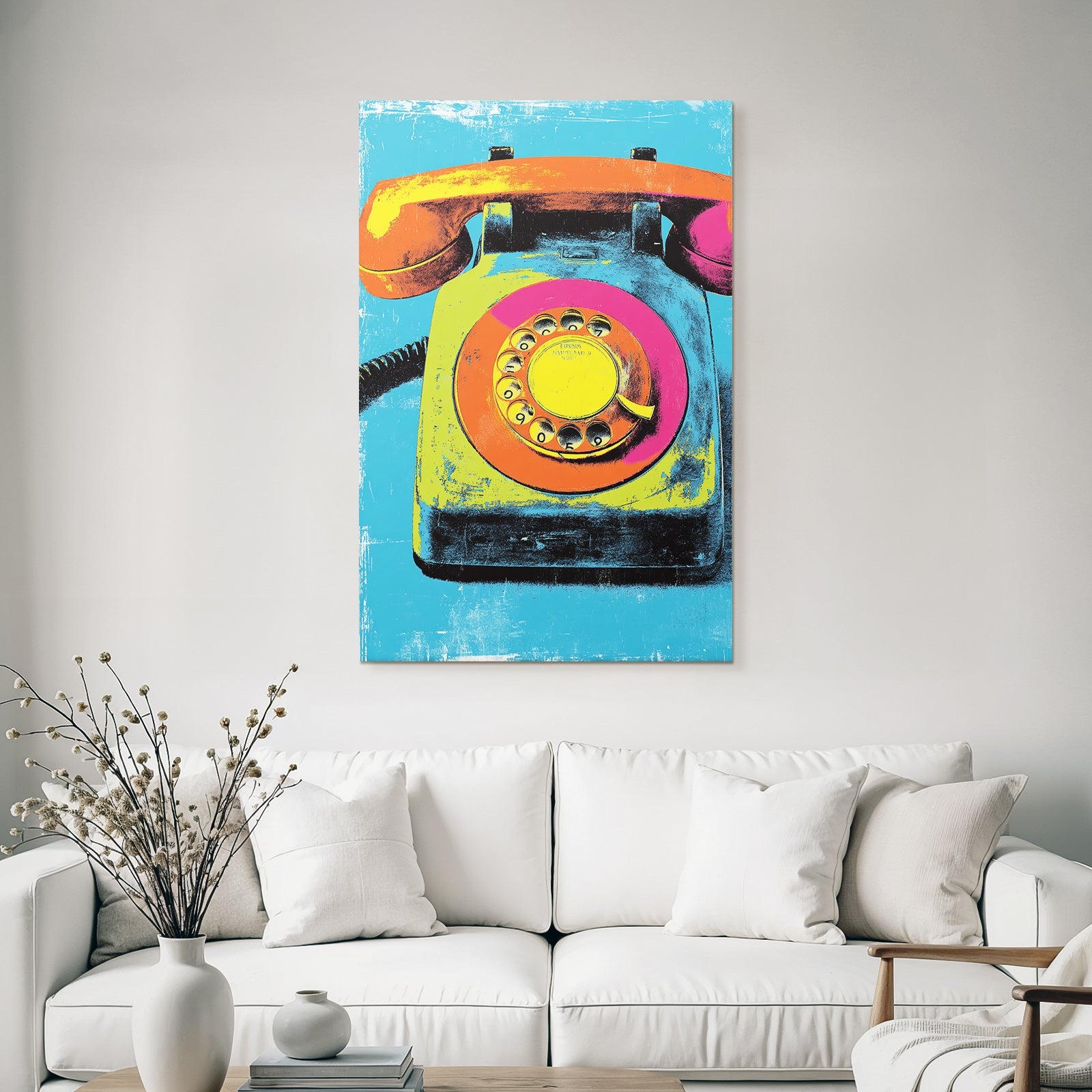 Neon Und Popfarben Rotary Telefon Stilisierte Illustration Vibrante Farben Texturierter Hintergrund