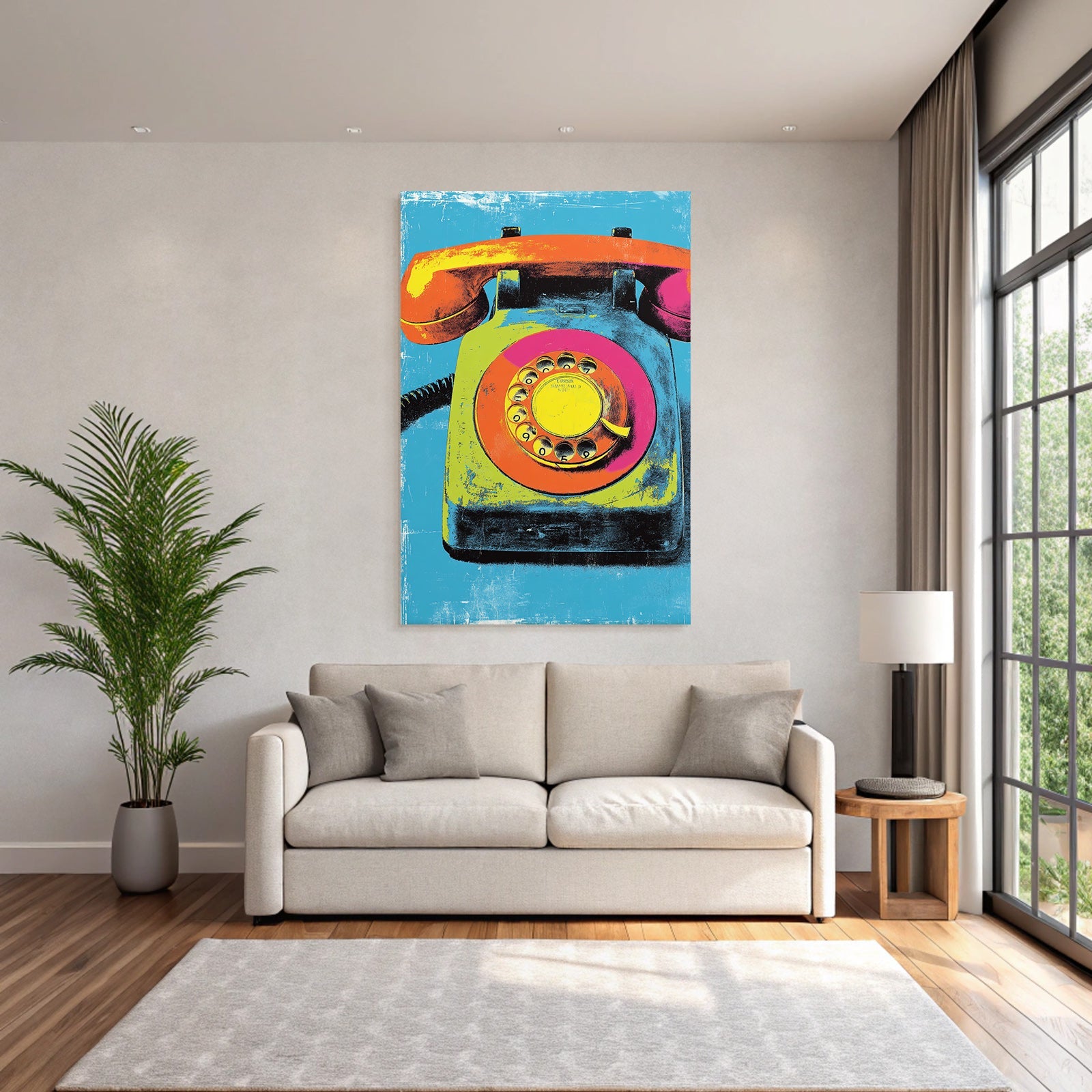 Neon Und Popfarben Rotary Telefon Stilisierte Illustration Vibrante Farben Texturierter Hintergrund