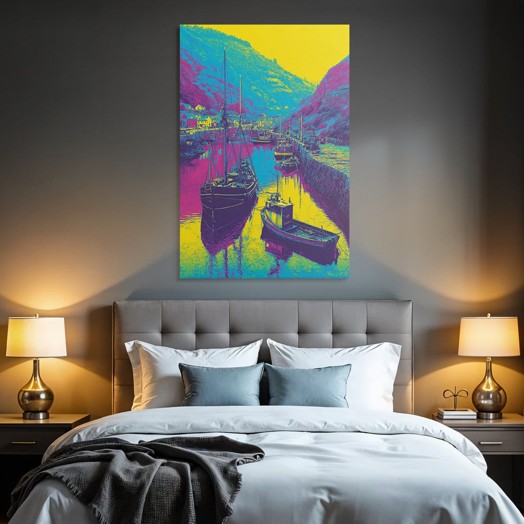 Neon and pop colors stylized harbor landscape with boats vibrant colors