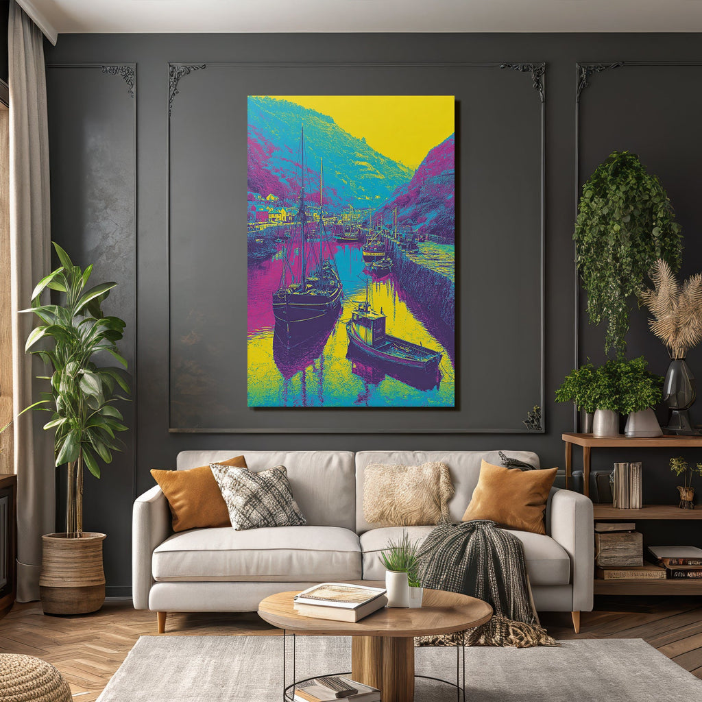 Neon and pop colors stylized harbor landscape with boats vibrant colors