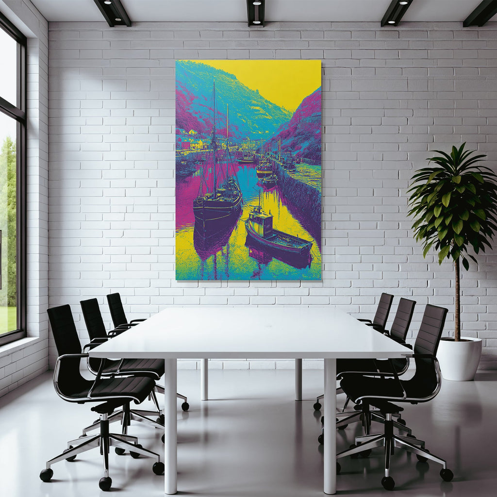 Neon and pop colors stylized harbor landscape with boats vibrant colors