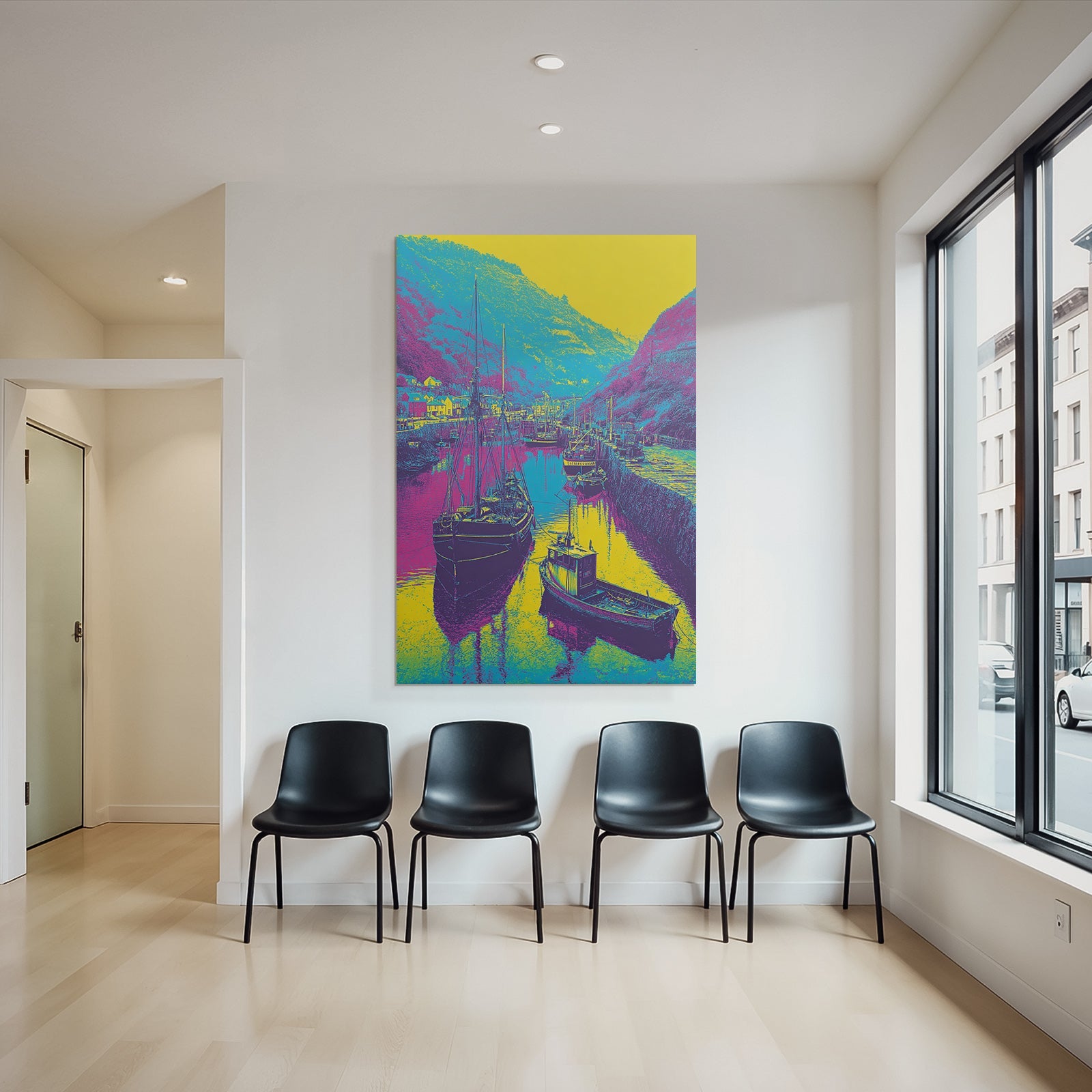 Neon and pop colors stylized harbor landscape with boats vibrant colors