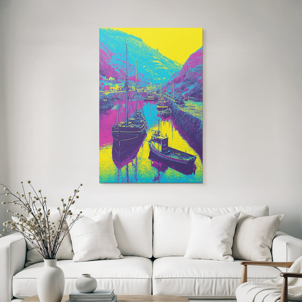Neon and pop colors stylized harbor landscape with boats vibrant colors