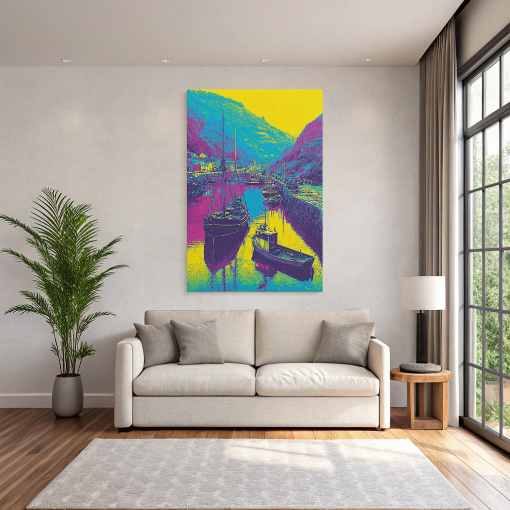 Neon and pop colors stylized harbor landscape with boats vibrant colors