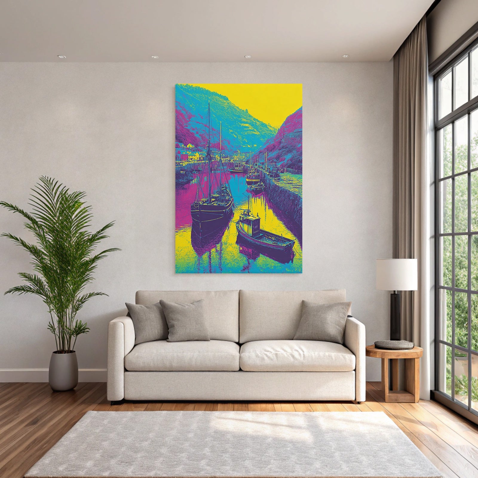 Neon and pop colors stylized harbor landscape with boats vibrant colors