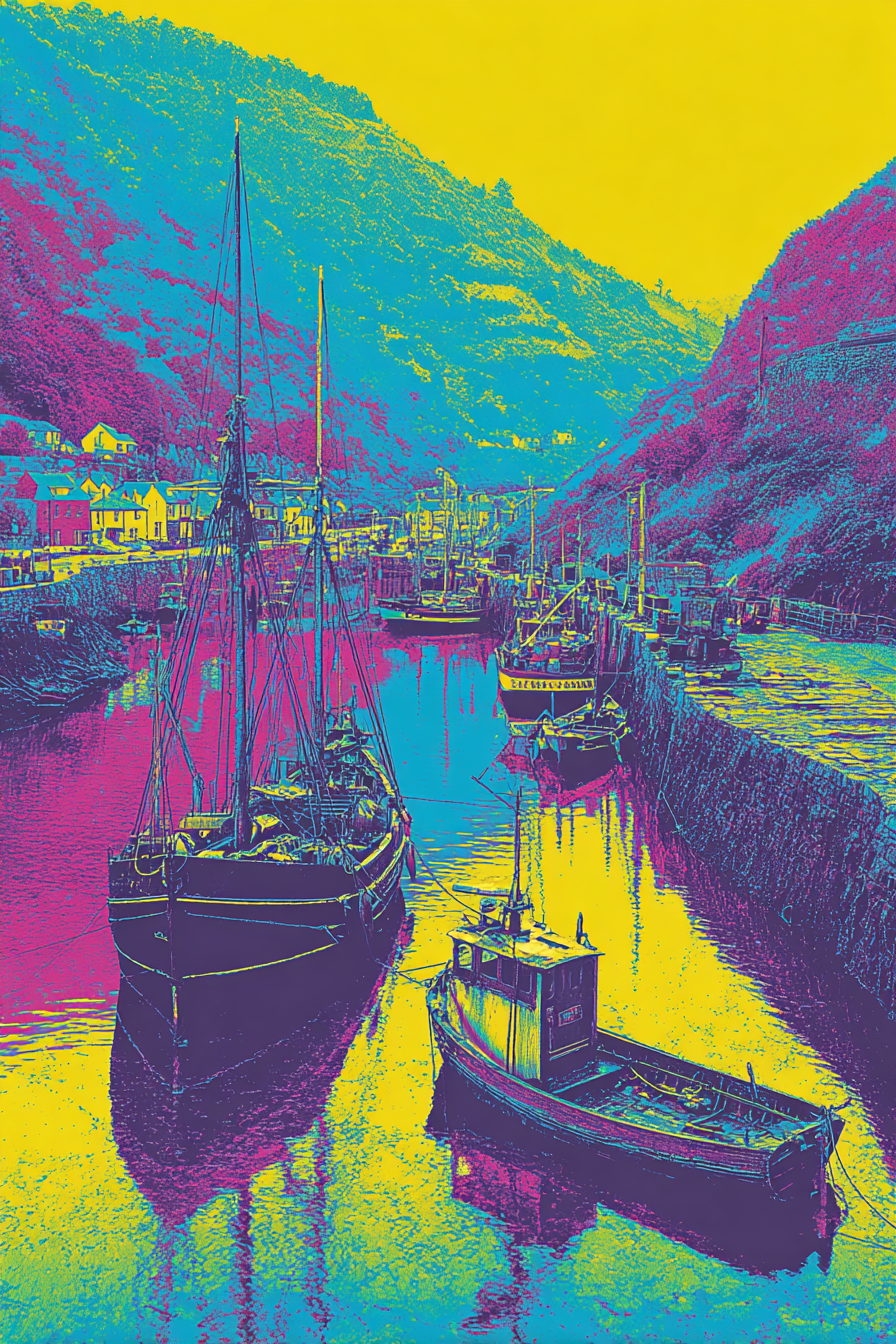 Neon Und Popfarben Stylisierte Hafenlandschaft Mit Boote Vibrante Farben | Neon und Popfarben | Farbenwelten