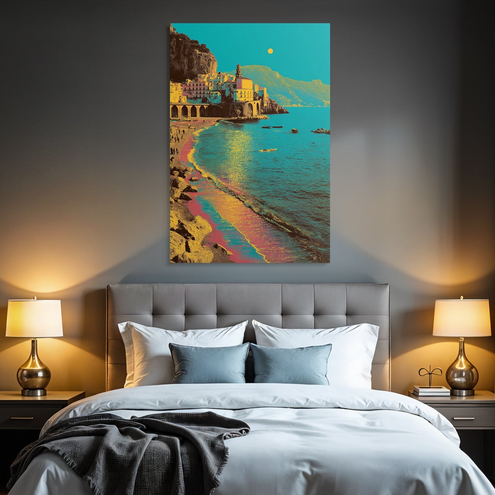 Neon and pop colors stylized coastal landscape with colorful buildings on the beach