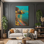 Neon Und Popfarben Stylisierte Küstenlandschaft Mit Bunten Ge Baün Am Strand