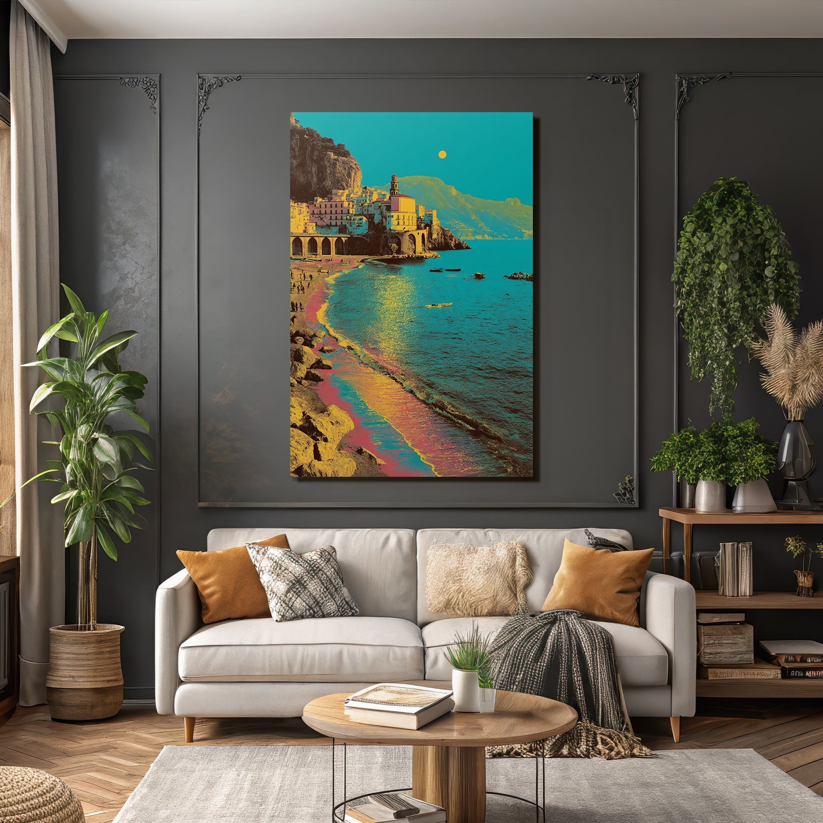 Neon and pop colors stylized coastal landscape with colorful buildings on the beach
