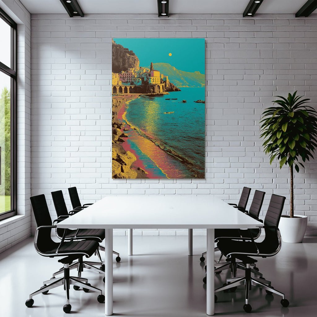 Neon Und Popfarben Stylisierte Küstenlandschaft Mit Bunten Ge Baün Am Strand