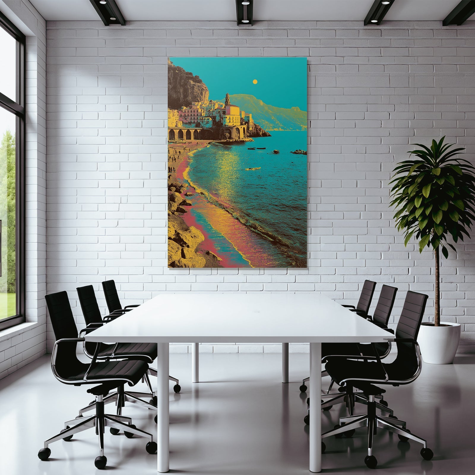 Neon and pop colors stylized coastal landscape with colorful buildings on the beach