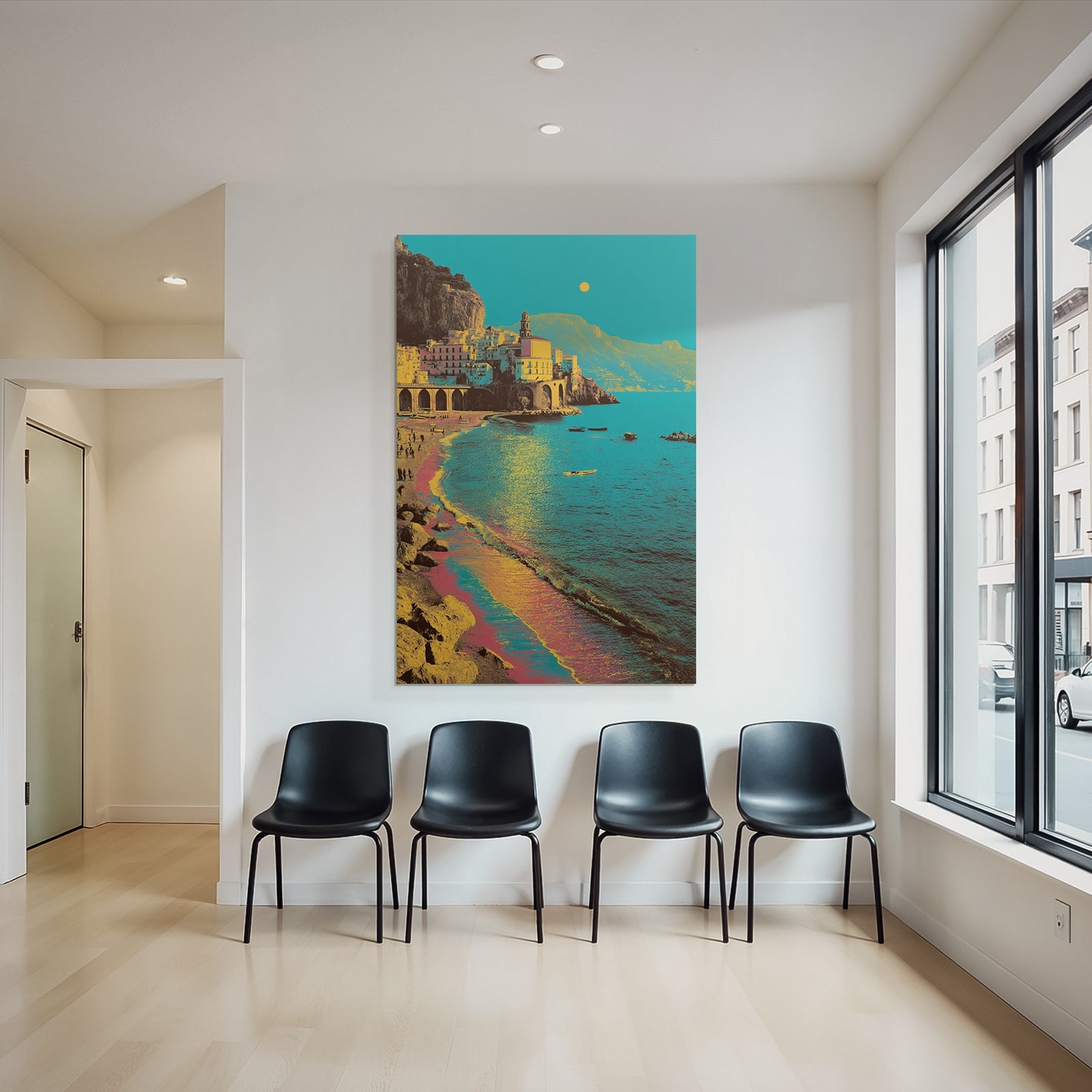 Neon and pop colors stylized coastal landscape with colorful buildings on the beach