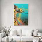 Neon Und Popfarben Stylisierte Küstenlandschaft Mit Bunten Ge Baün Am Strand