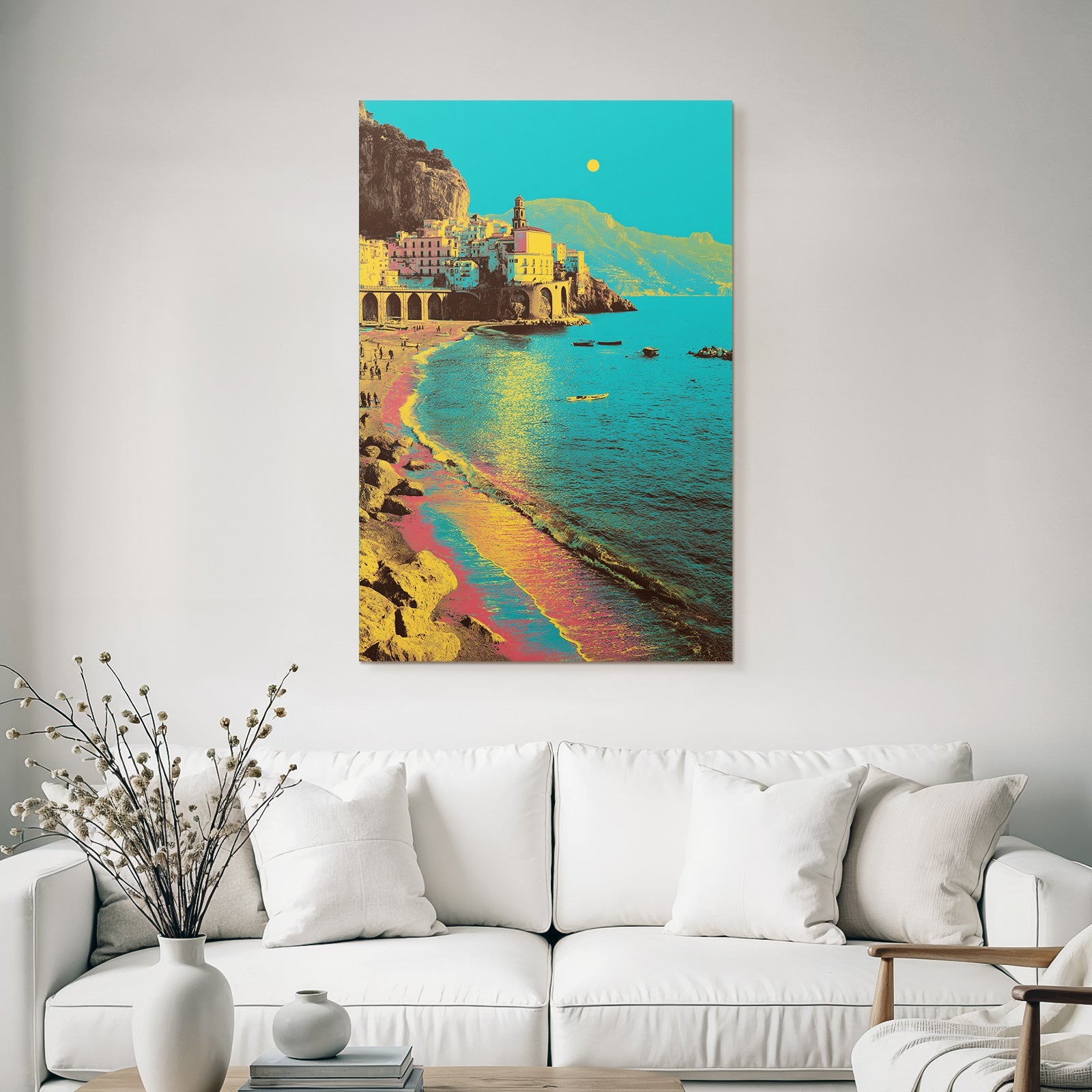 Neon and pop colors stylized coastal landscape with colorful buildings on the beach
