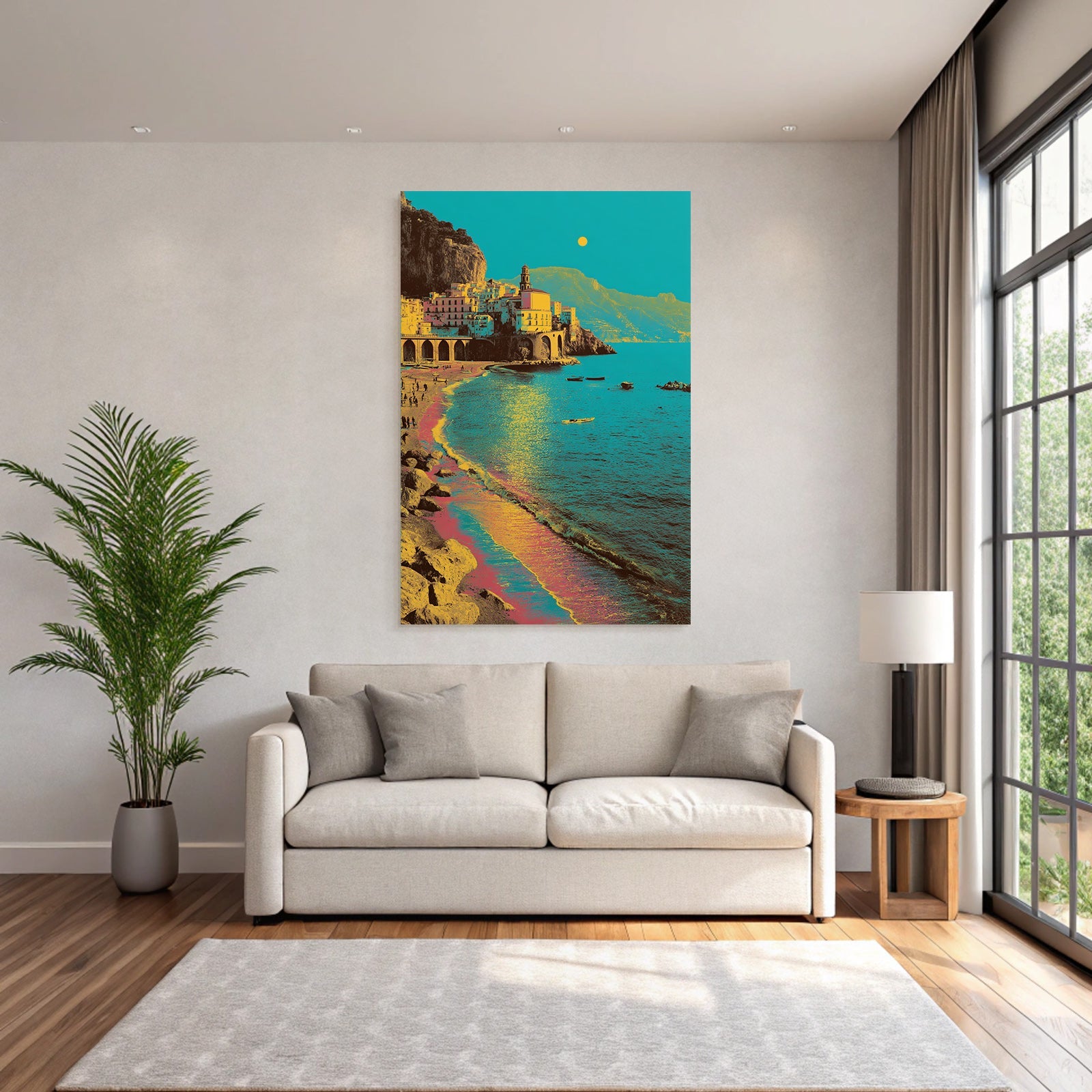 Neon and pop colors stylized coastal landscape with colorful buildings on the beach