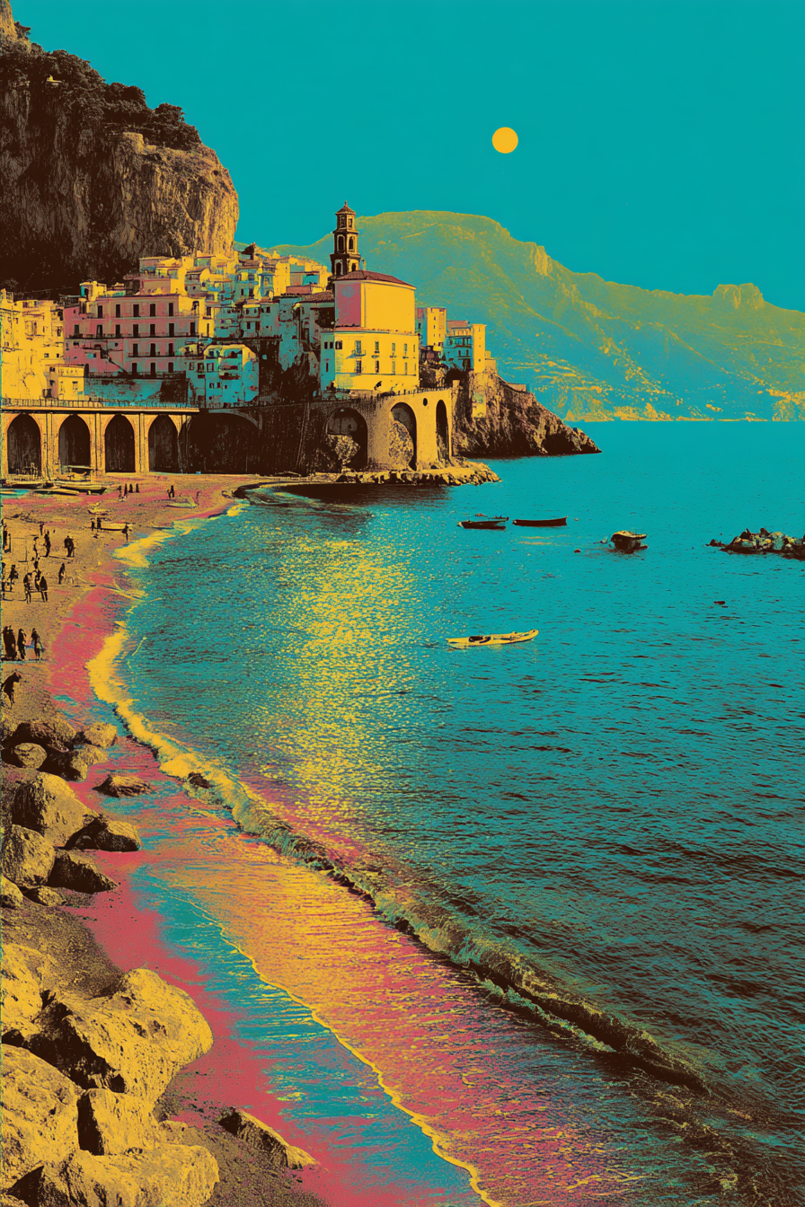 Neon Und Popfarben Stylisierte Küstenlandschaft Mit Bunten Ge Baün Am Strand | Neon und Popfarben | Farbenwelten