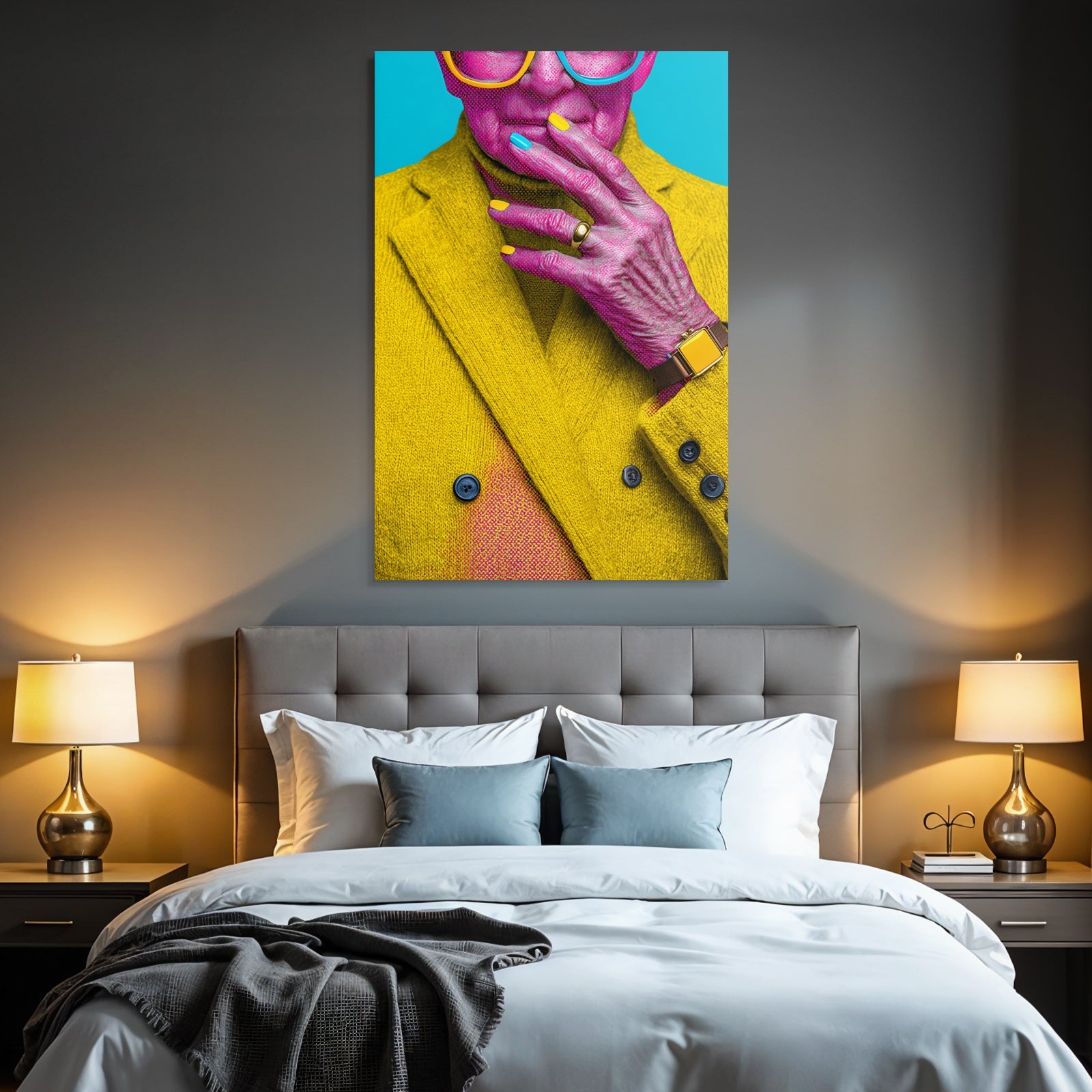 Neon and pop colors stylized portrait of a person with a yellow coat colored nails vivid colors