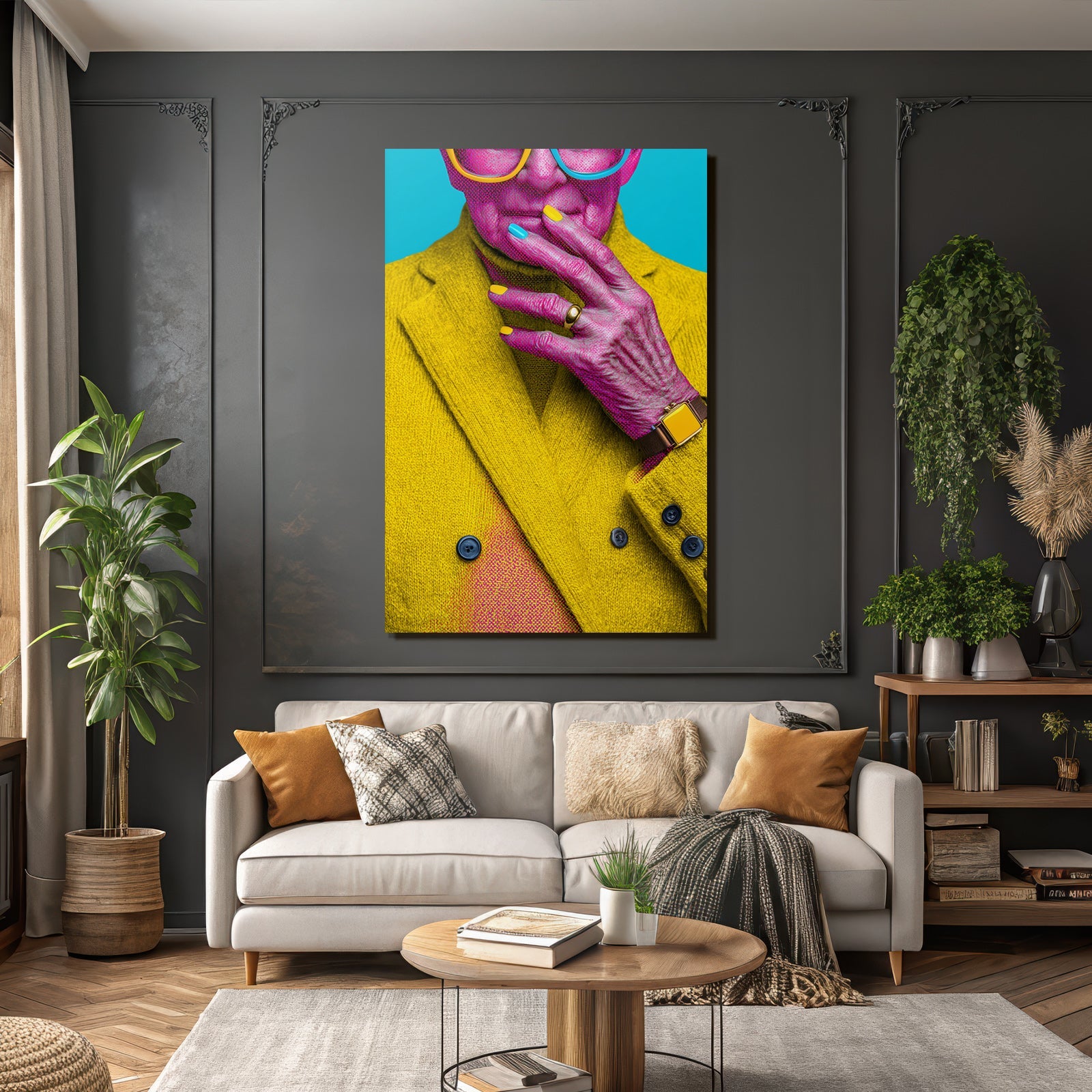 Neon and pop colors stylized portrait of a person with a yellow coat colored nails vivid colors