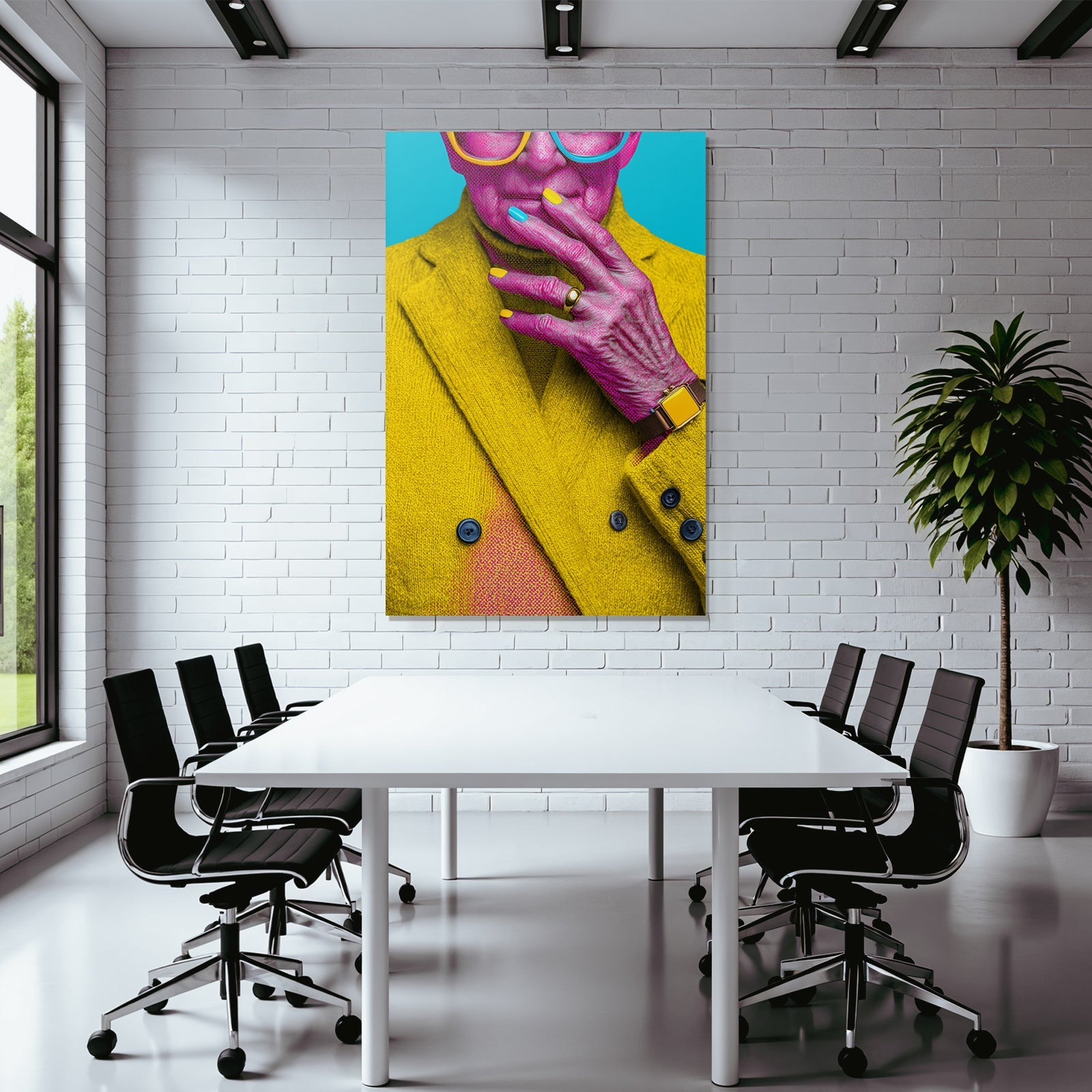 Neon and pop colors stylized portrait of a person with a yellow coat colored nails vivid colors