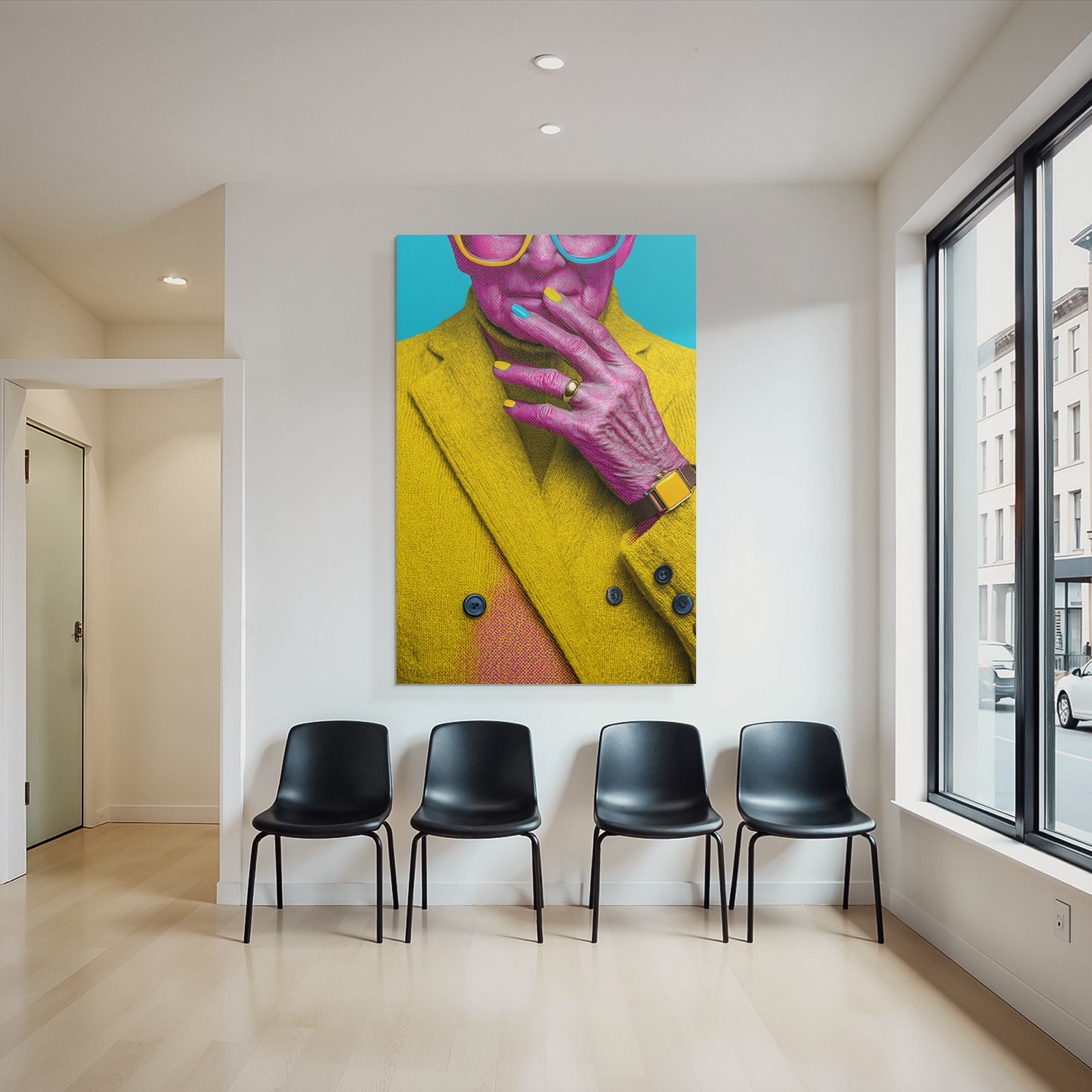 Neon and pop colors stylized portrait of a person with a yellow coat colored nails vivid colors