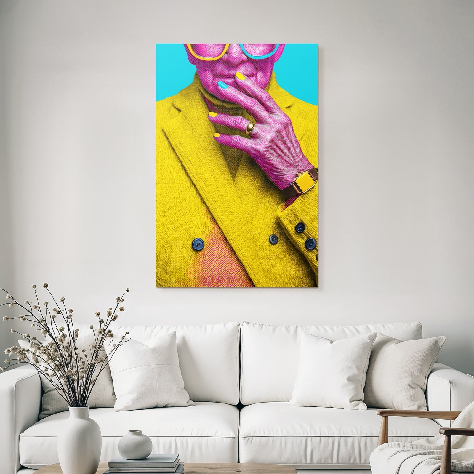 Neon and pop colors stylized portrait of a person with a yellow coat colored nails vivid colors