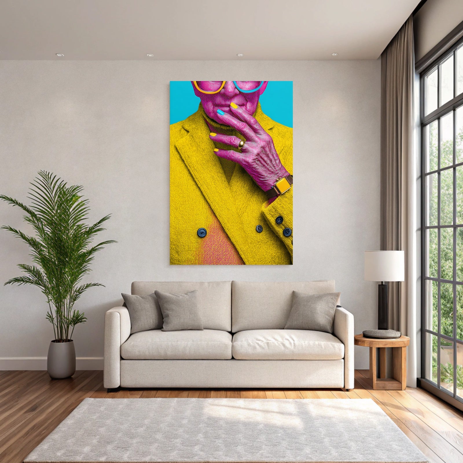 Neon and pop colors stylized portrait of a person with a yellow coat colored nails vivid colors