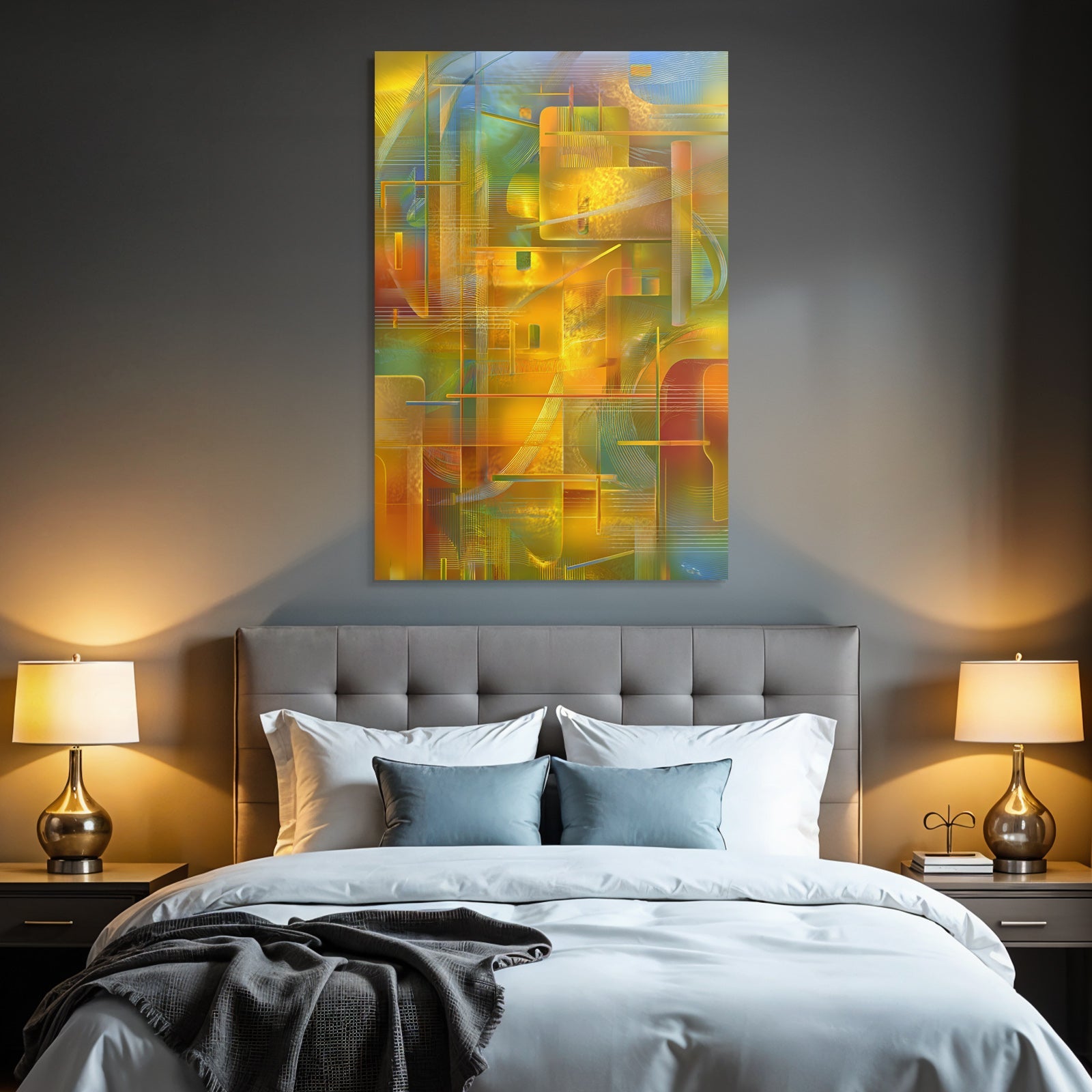 Neon and pop colors vibrant abstract digital art with geometric shapes and intricate lines