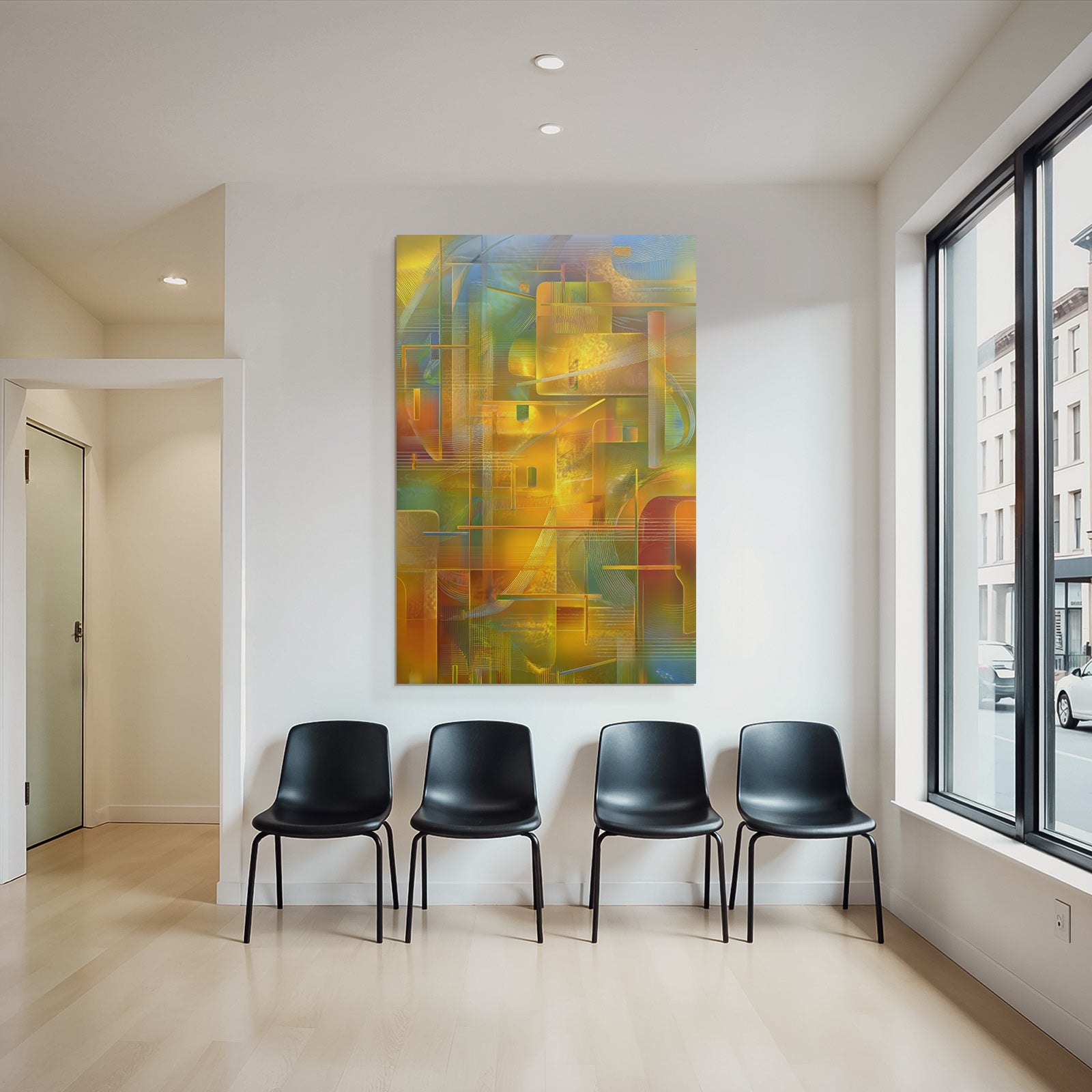 Neon and pop colors vibrant abstract digital art with geometric shapes and intricate lines