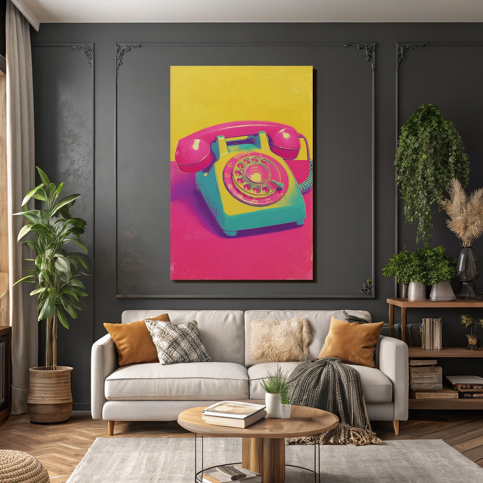Neon and pop colors vintage rotary telephone colorful retro nostalgia illustration