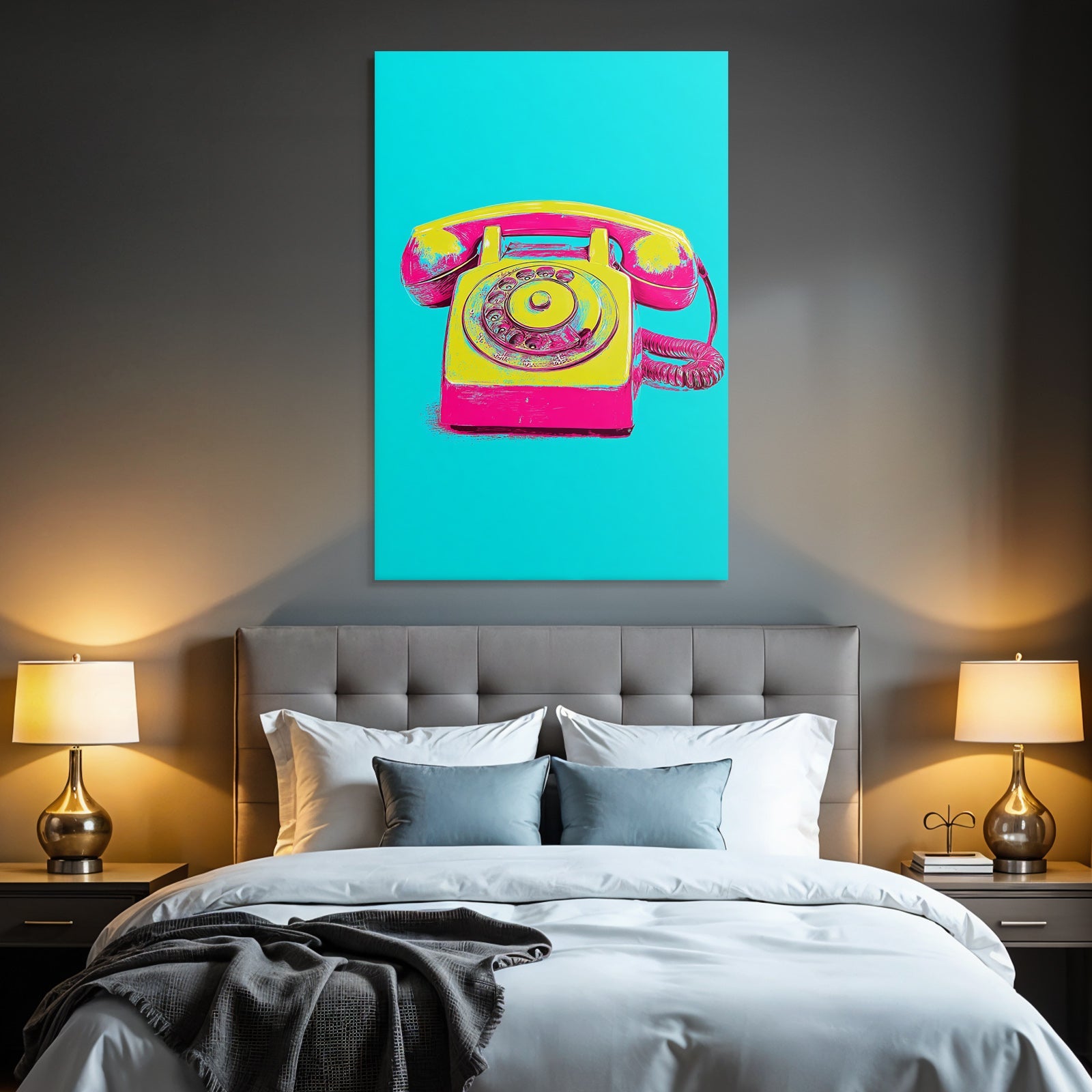 Neon Und Popfarben Vintage Rotary Telefon Pink Gelb Moderner Stil Blaür Hintergrund