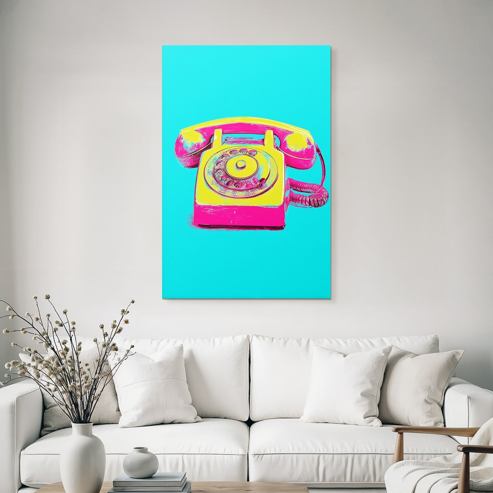 Neon Und Popfarben Vintage Rotary Telefon Pink Gelb Moderner Stil Blaür Hintergrund