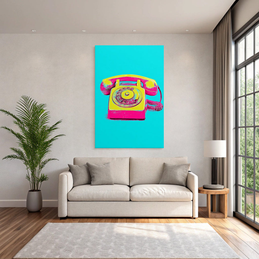 Neon Und Popfarben Vintage Rotary Telefon Pink Gelb Moderner Stil Blaür Hintergrund