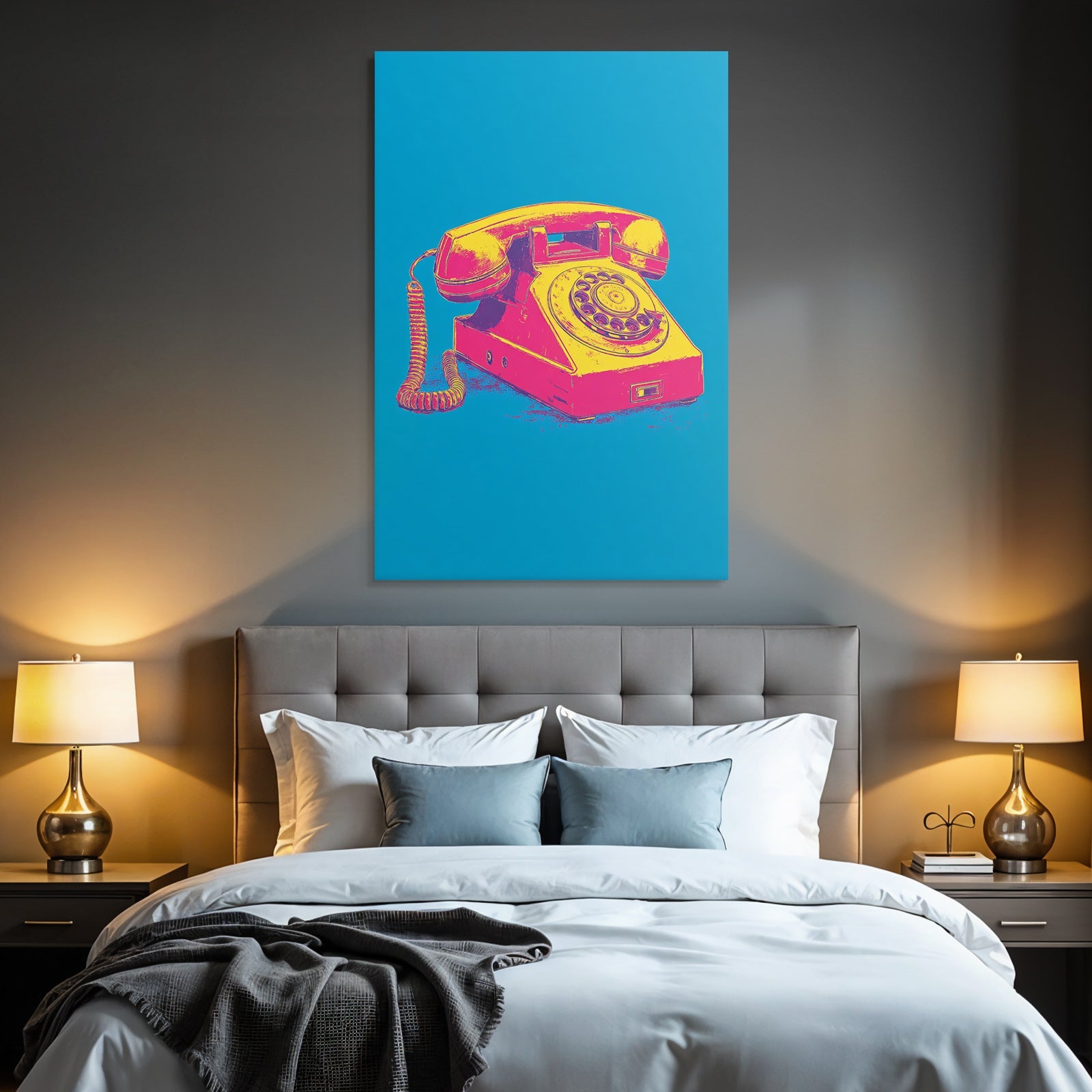 Neon Und Popfarben Vintage Rotary Telefon Pop Art Stil Blaü Hintergrund