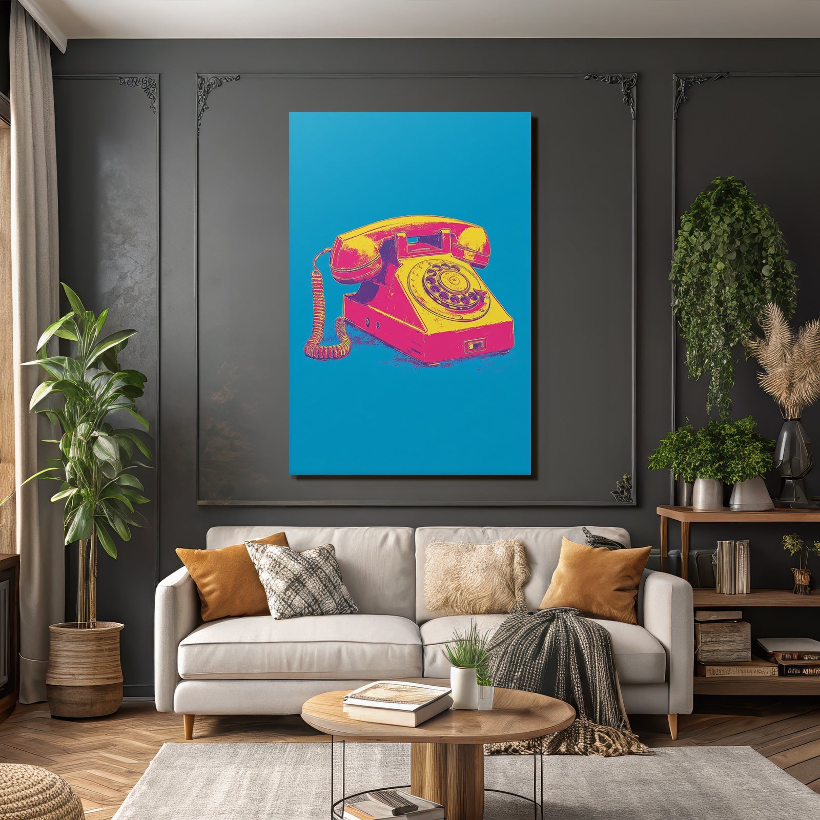 Neon Und Popfarben Vintage Rotary Telefon Pop Art Stil Blaü Hintergrund