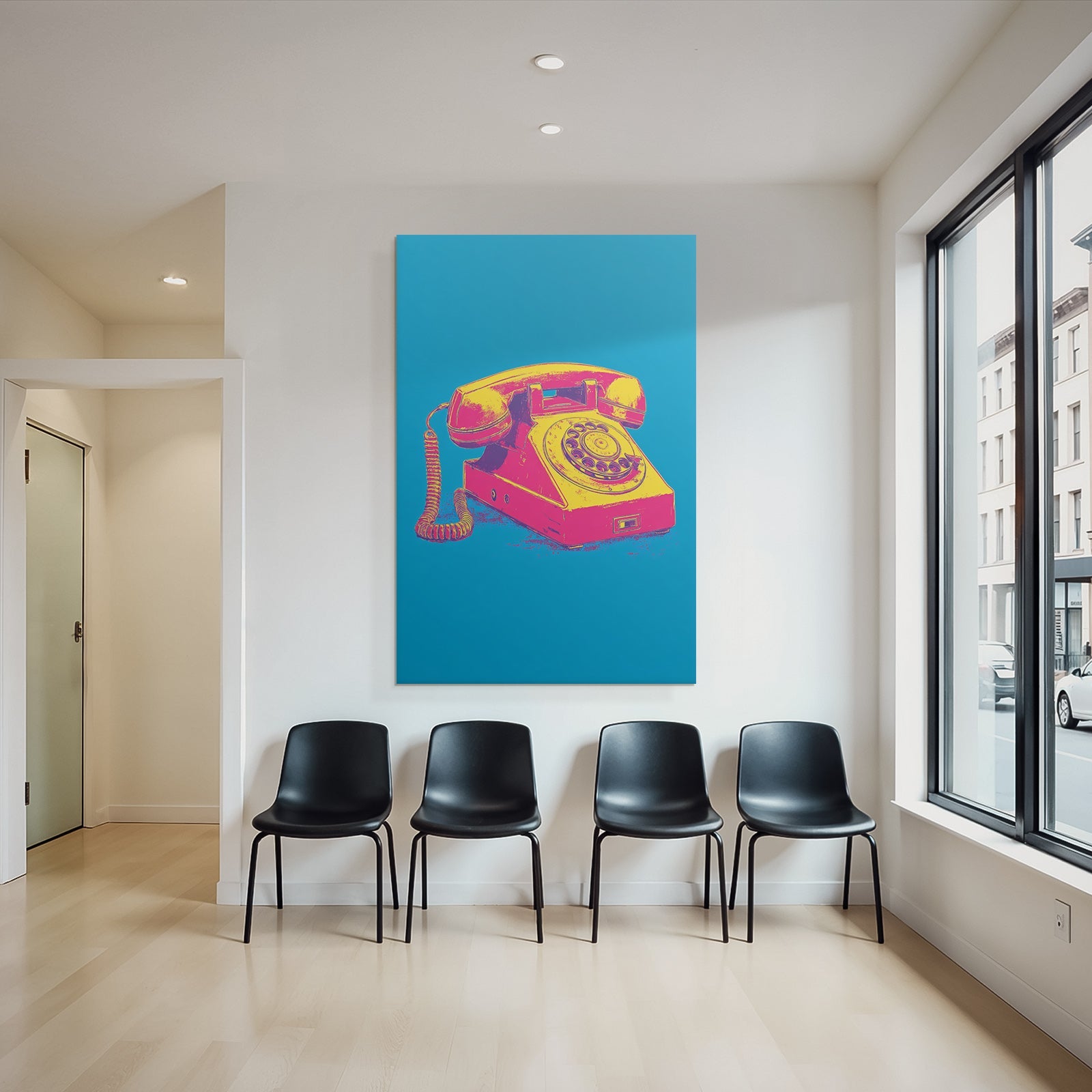 Neon Und Popfarben Vintage Rotary Telefon Pop Art Stil Blaü Hintergrund