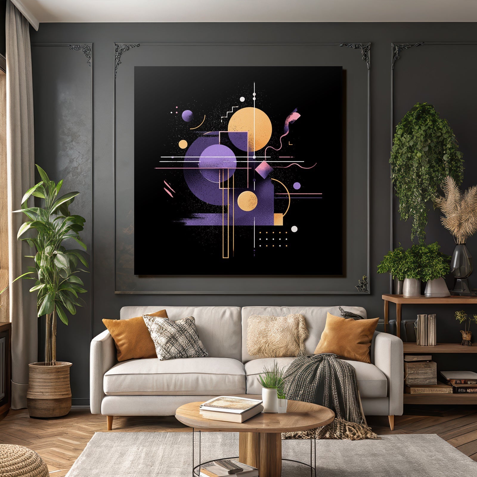 Neon Und Popfarben Abstract Geometrisches Design Purple Orange Und Weiss Auf Schwarzem Hintergrund