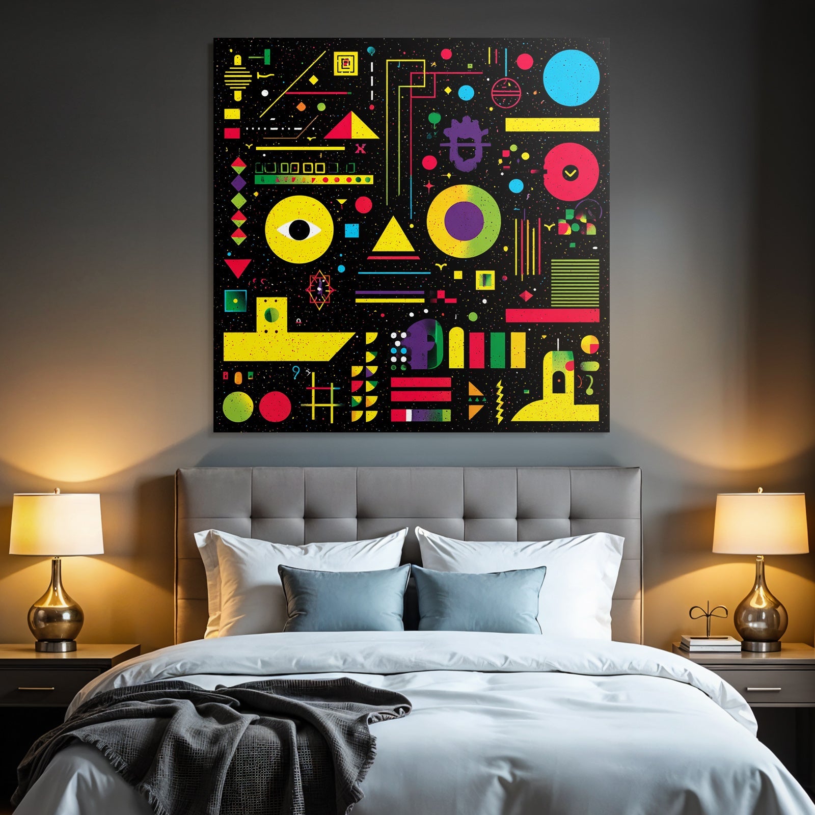 Neon Und Popfarben Abstrakte Geometrische Komposition Vibrante Farben Auf Schwarzem Hintergrund