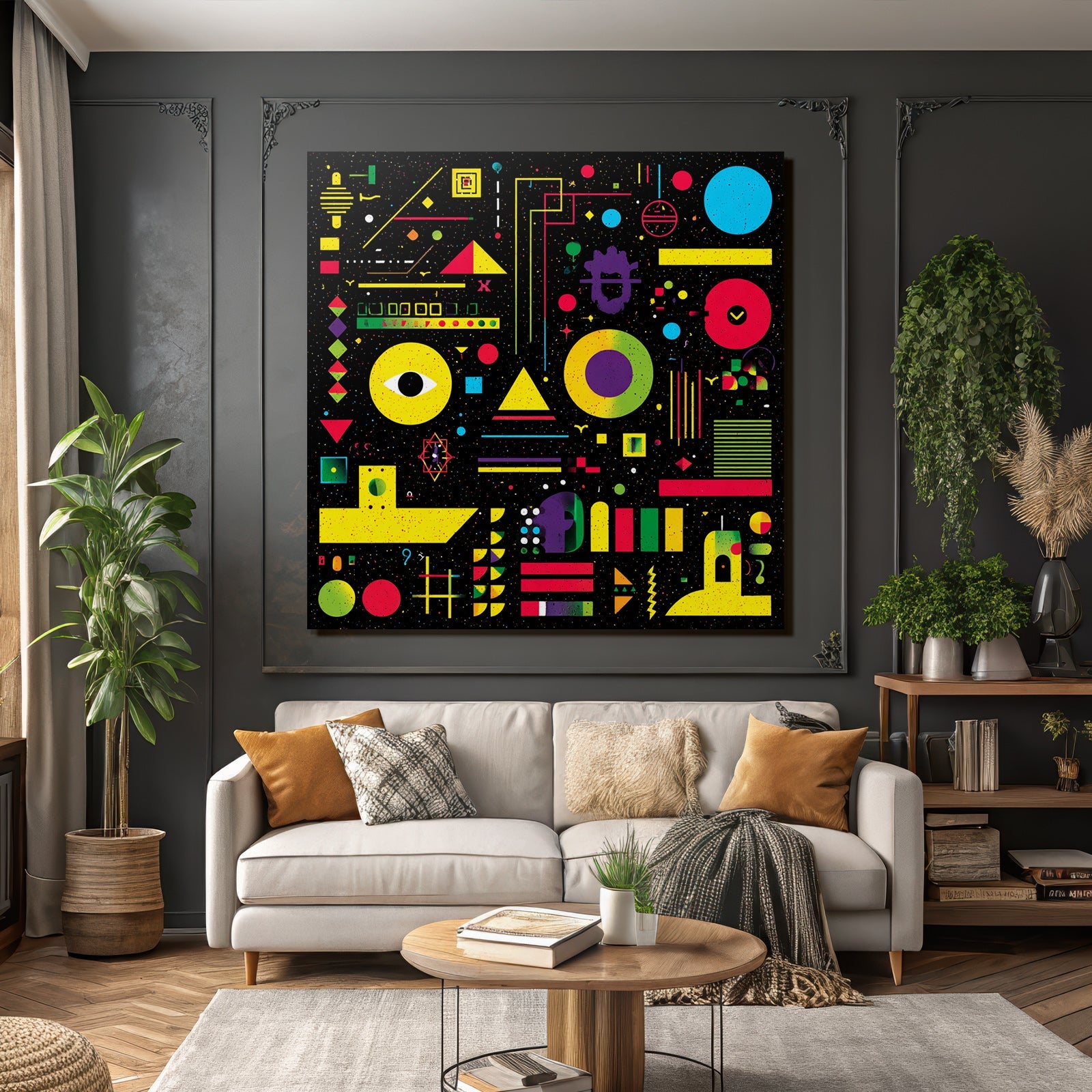 Neon Und Popfarben Abstrakte Geometrische Komposition Vibrante Farben Auf Schwarzem Hintergrund