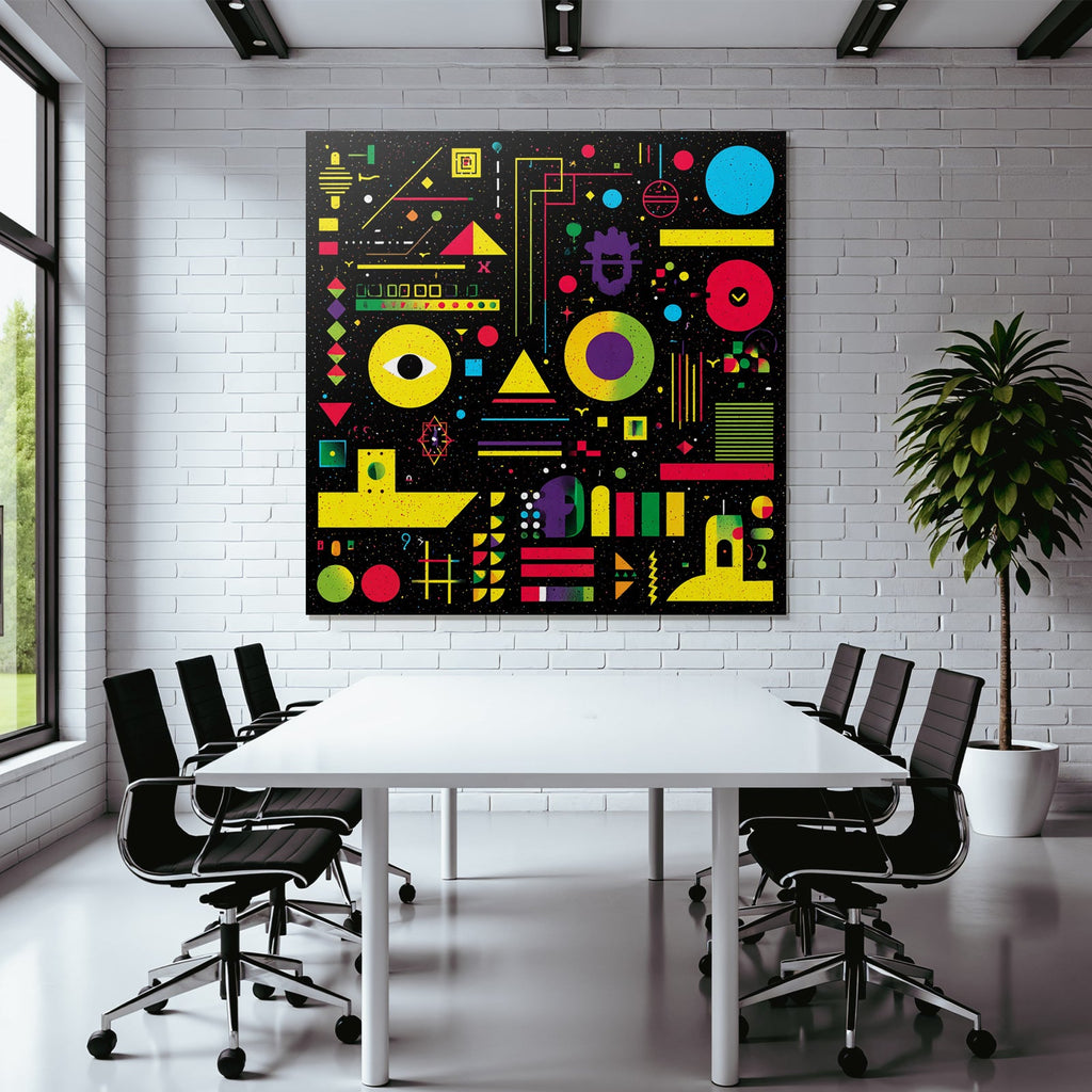 Neon Und Popfarben Abstrakte Geometrische Komposition Vibrante Farben Auf Schwarzem Hintergrund