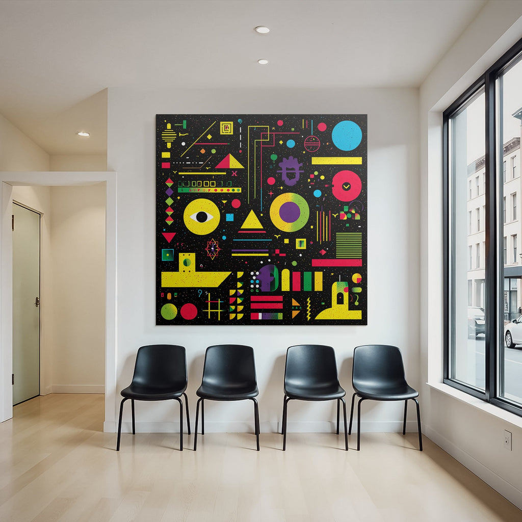 Neon Und Popfarben Abstrakte Geometrische Komposition Vibrante Farben Auf Schwarzem Hintergrund