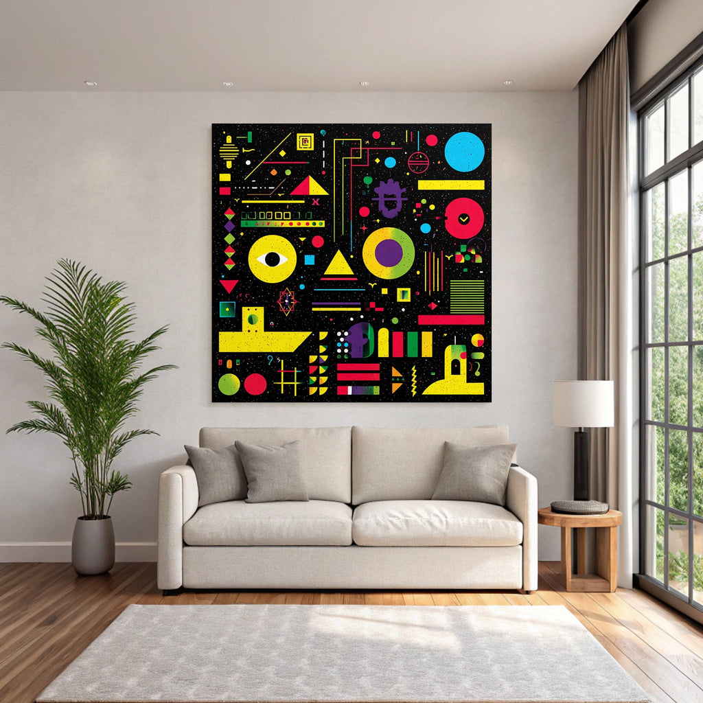 Neon Und Popfarben Abstrakte Geometrische Komposition Vibrante Farben Auf Schwarzem Hintergrund